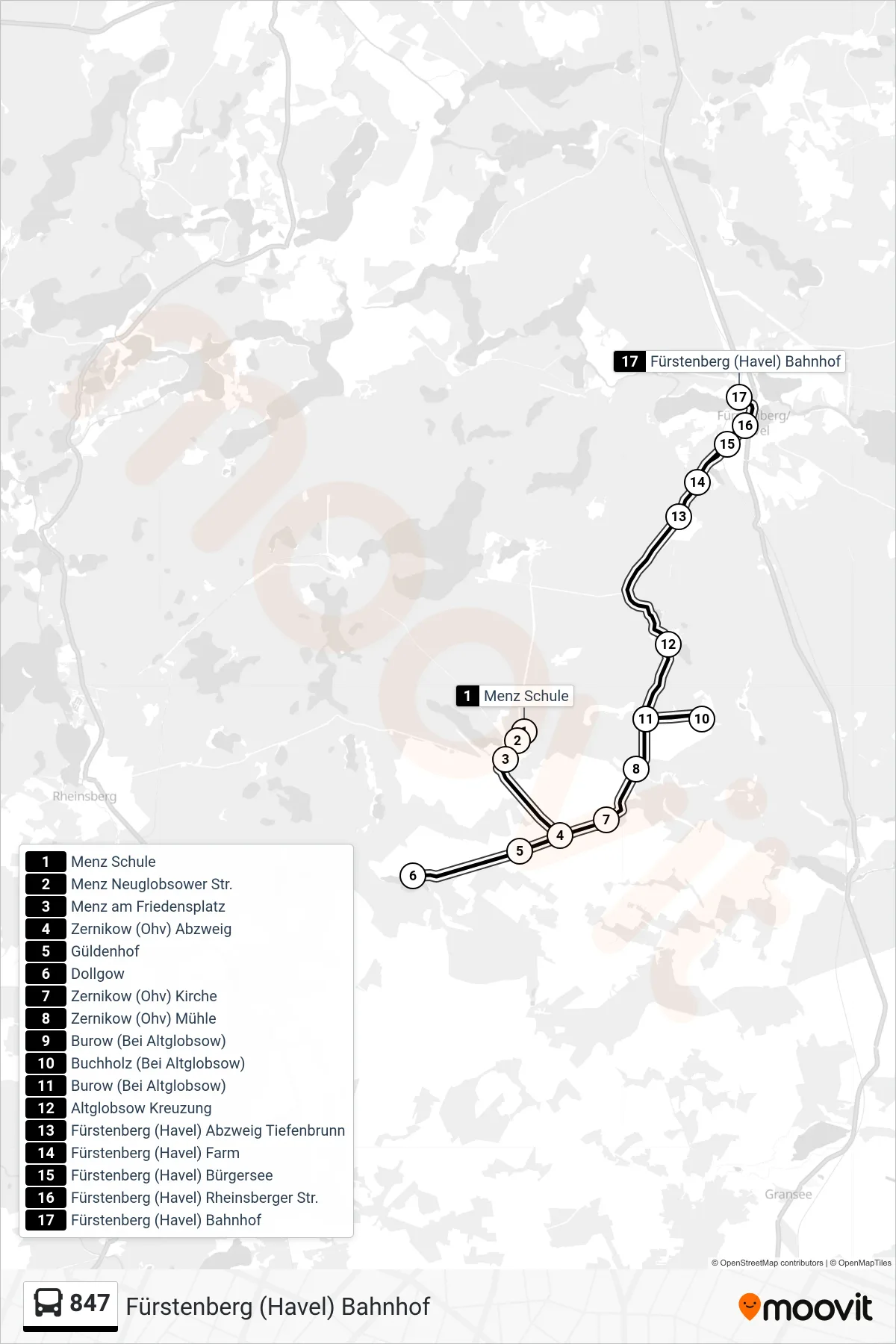 Linie 847 (Bus) Richtung Fürstenberg (Havel) Bahnhof: Route und Haltestellen auf der Karte