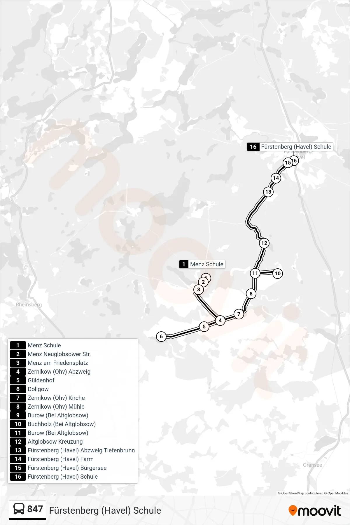 Linie 847 (Bus) Richtung Fürstenberg (Havel) Schule: Route und Haltestellen auf der Karte