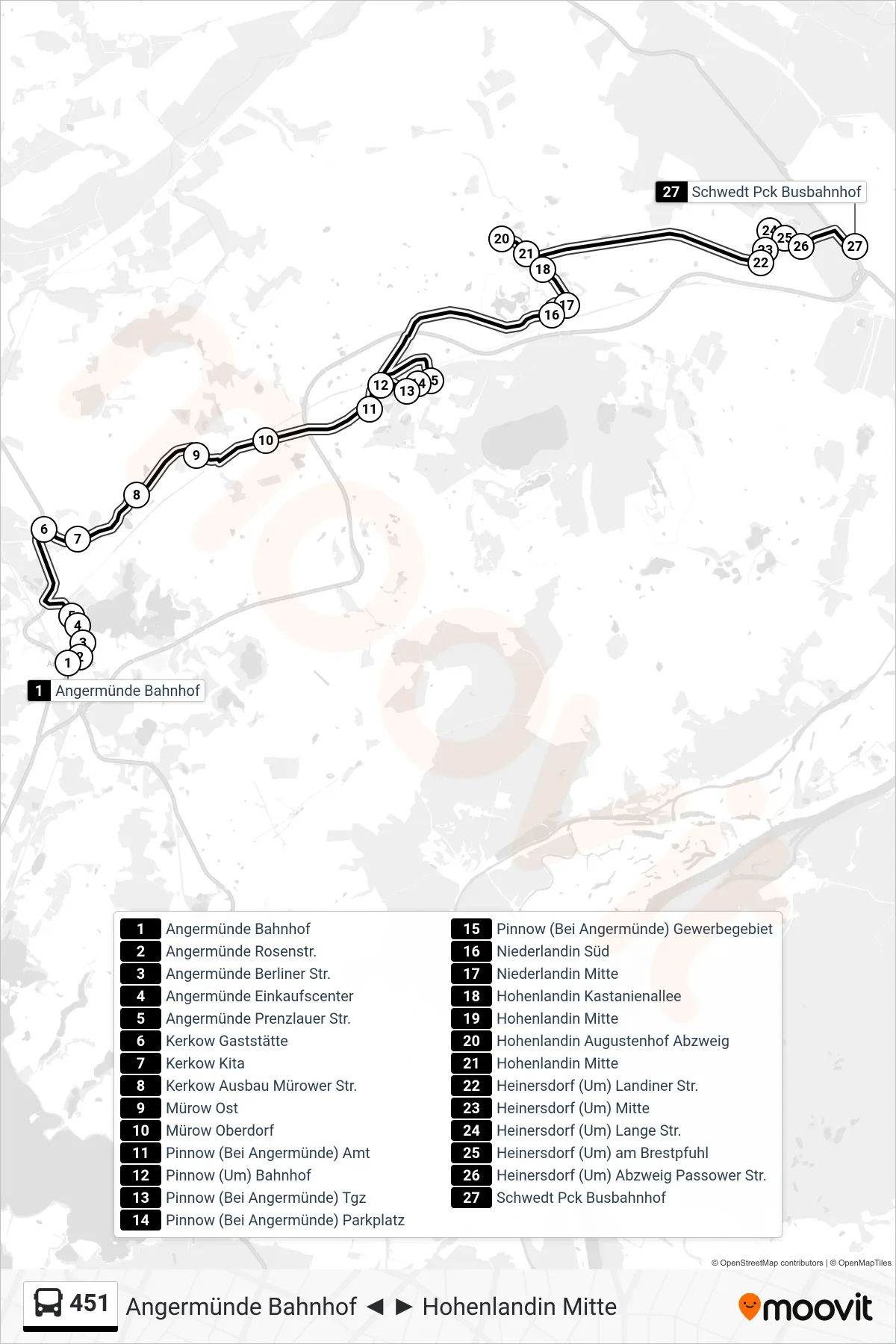 Linie 451 (Bus) Richtung Schwedt Pck Busbahnhof: Route und Haltestellen auf der Karte