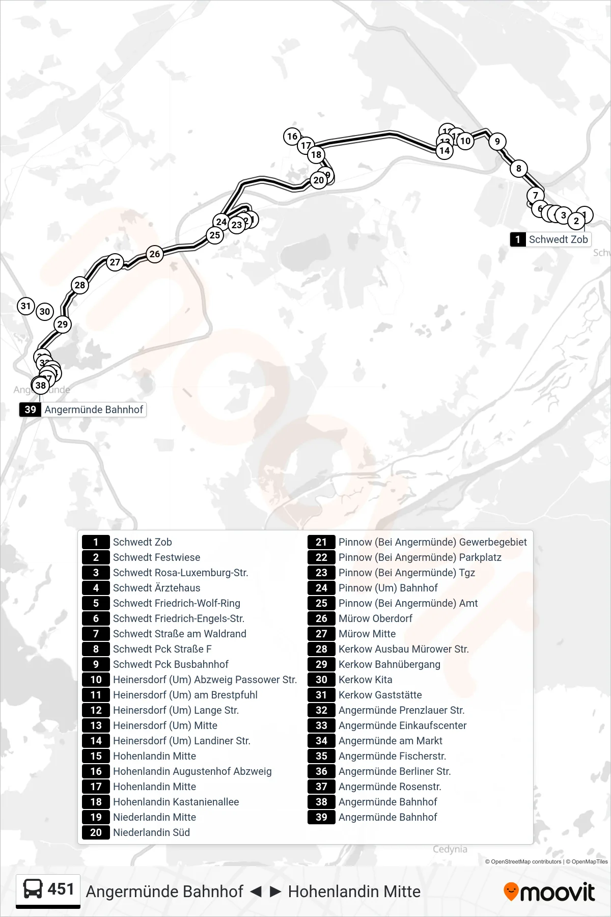 451 bus Line (Angermünde Bahnhof) route and stops on a map