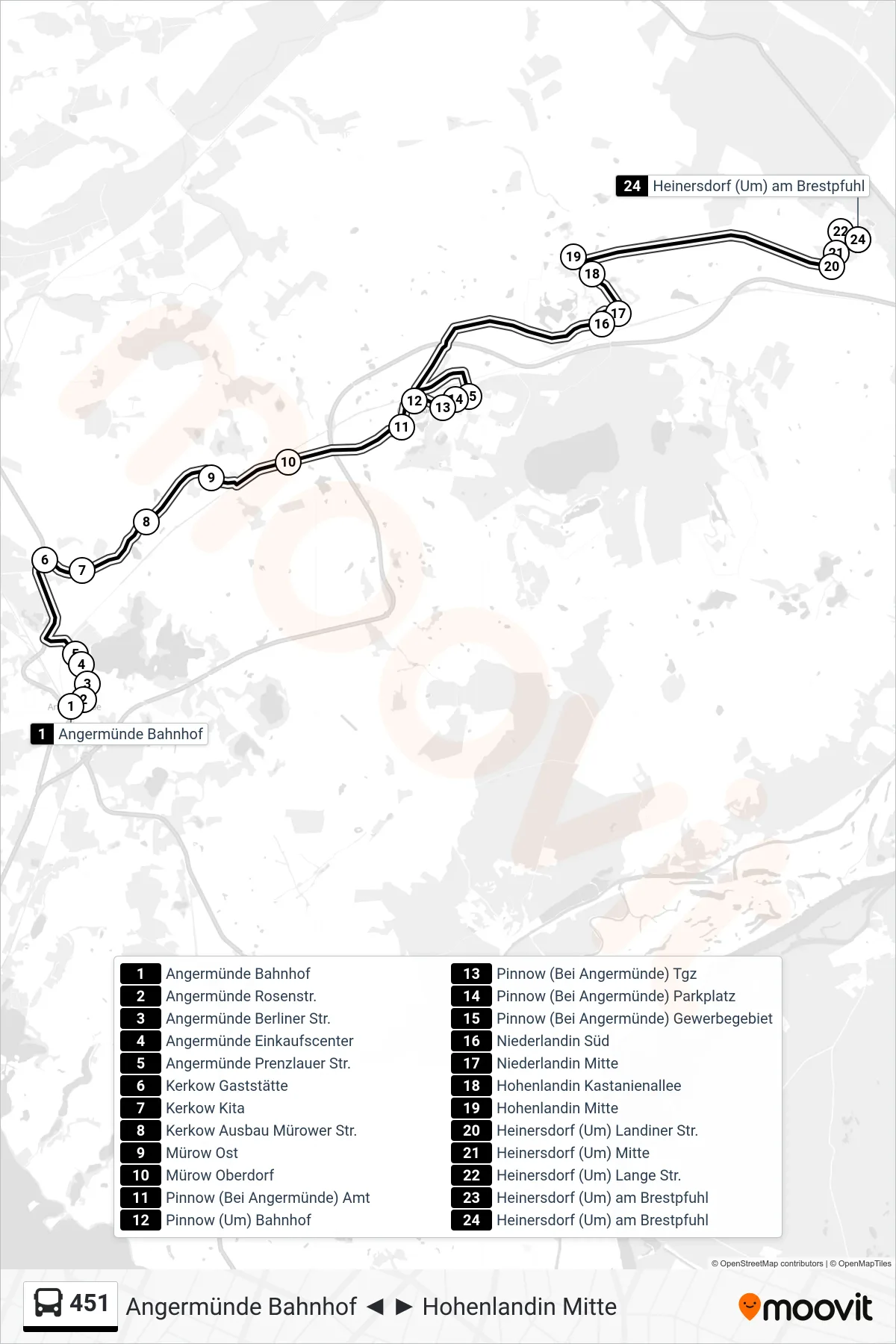 Linie 451 (Bus) Richtung Heinersdorf (Um) am Brestpfuhl: Route und Haltestellen auf der Karte