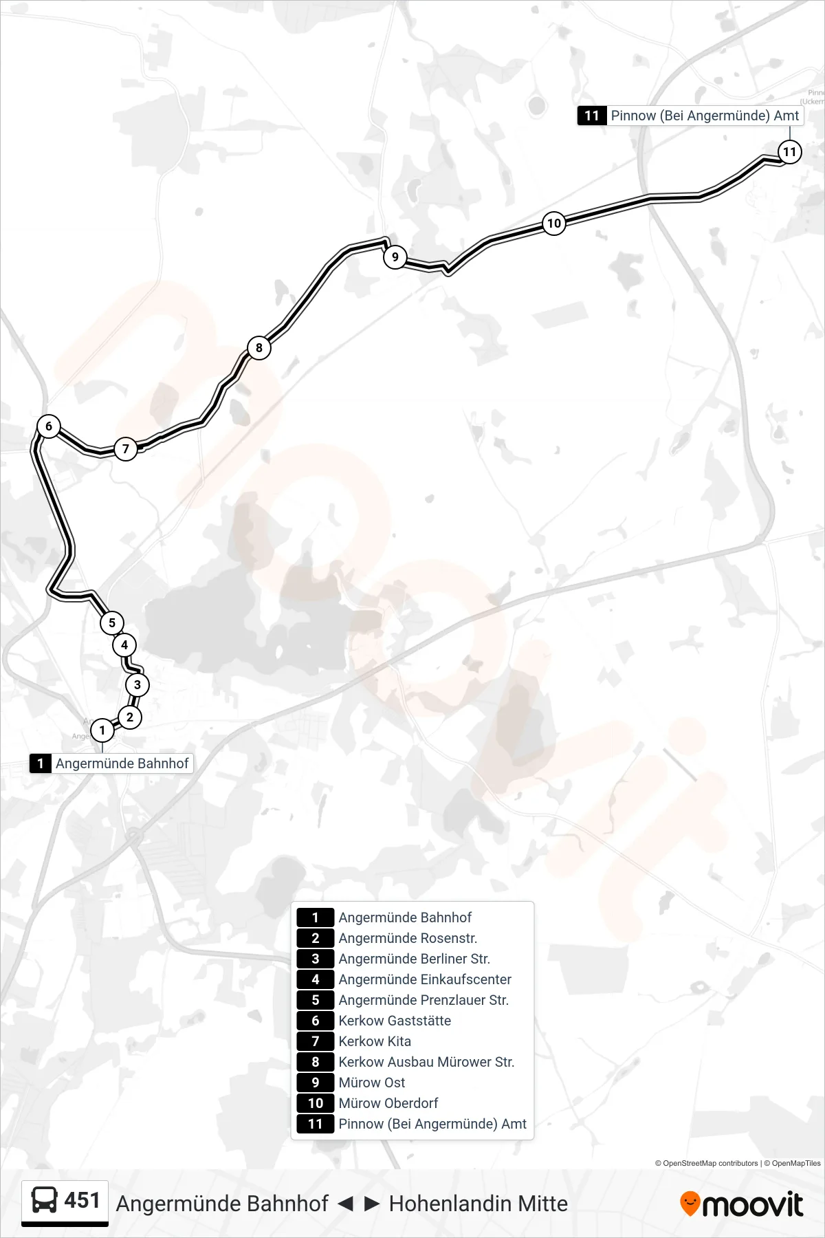 Linie 451 (Bus) Richtung Pinnow (Bei Angermünde) Amt: Route und Haltestellen auf der Karte
