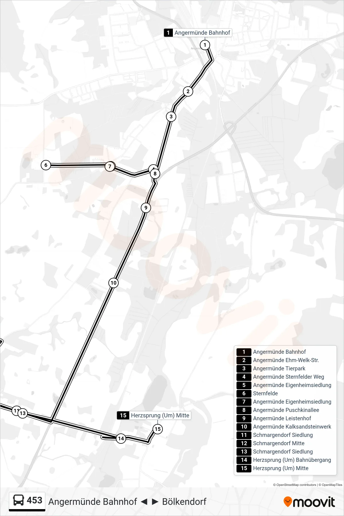 Linie 453 (Bus) Richtung Herzsprung (Um) Mitte: Route und Haltestellen auf der Karte