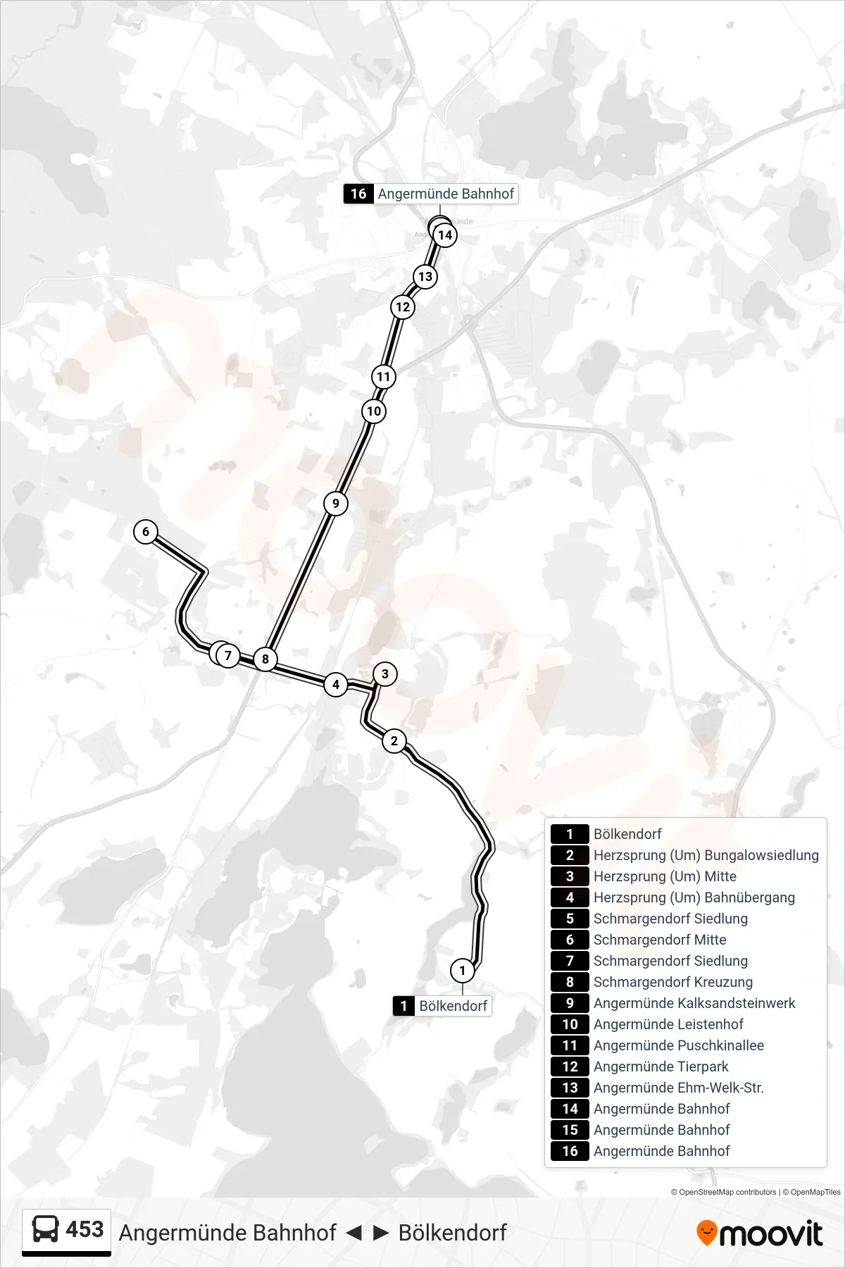 Linie 453 (Bus) Richtung Angermünde Bahnhof: Route und Haltestellen auf der Karte