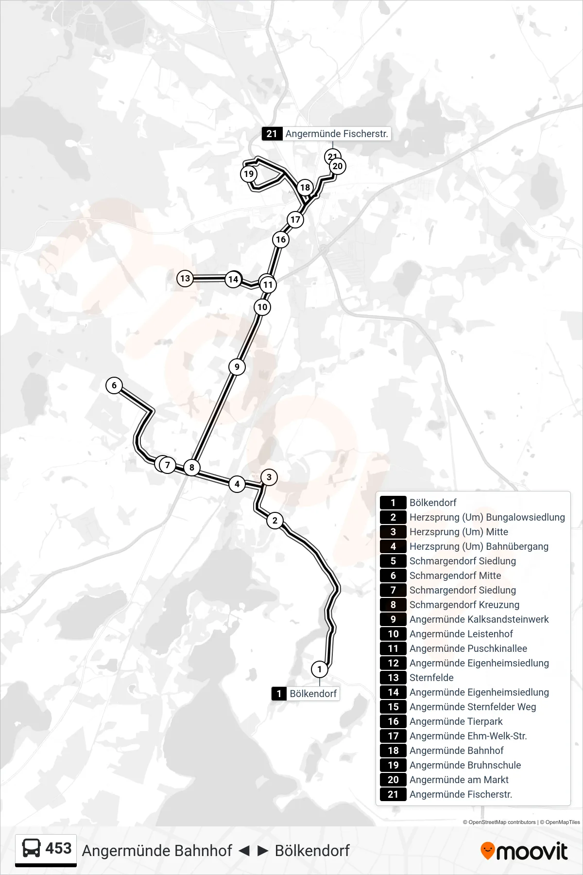Linie 453 (Bus) Richtung Angermünde Fischerstr.: Route und Haltestellen auf der Karte