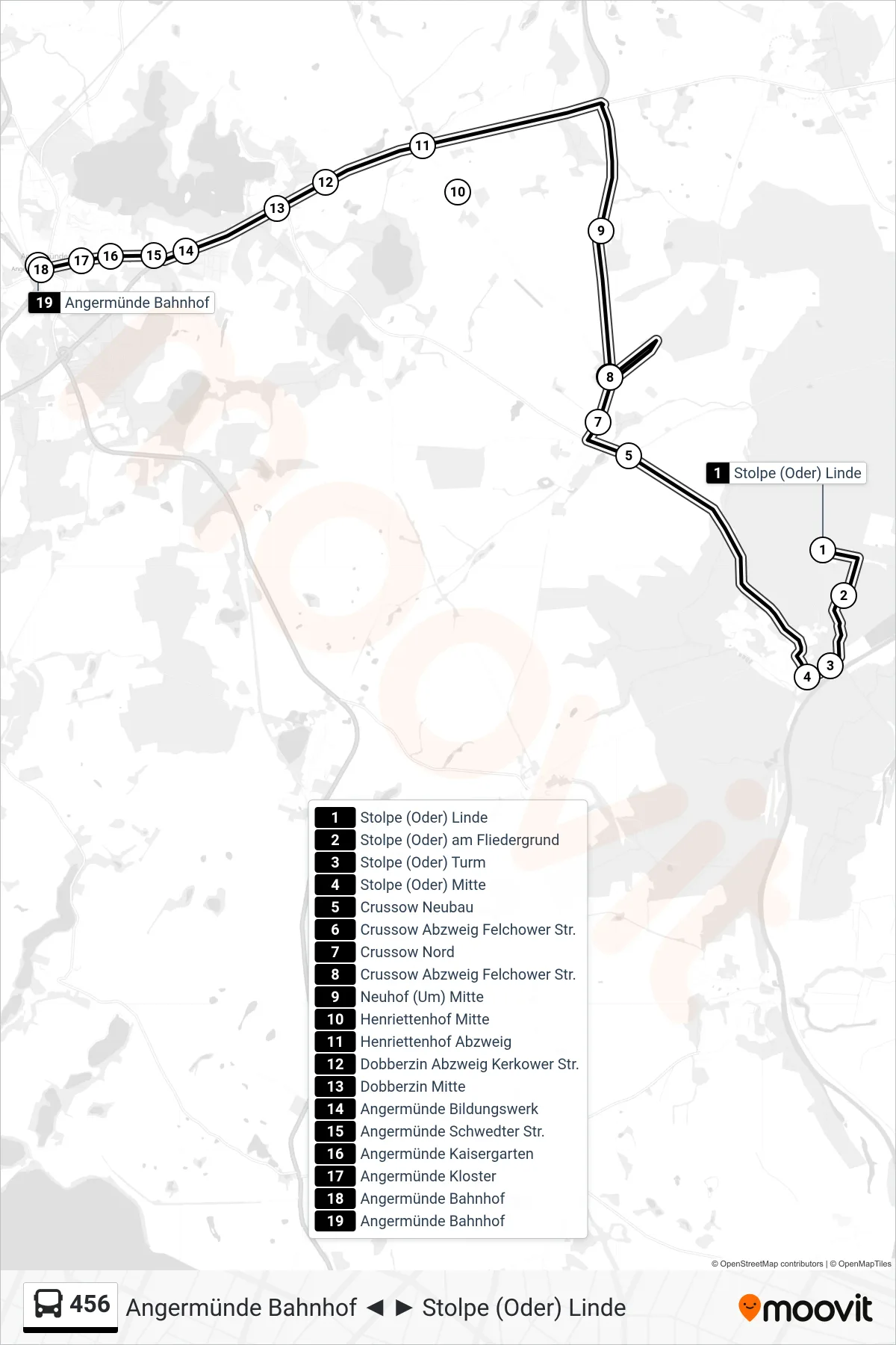 Linie 456 (Bus) Richtung Angermünde Bahnhof: Route und Haltestellen auf der Karte