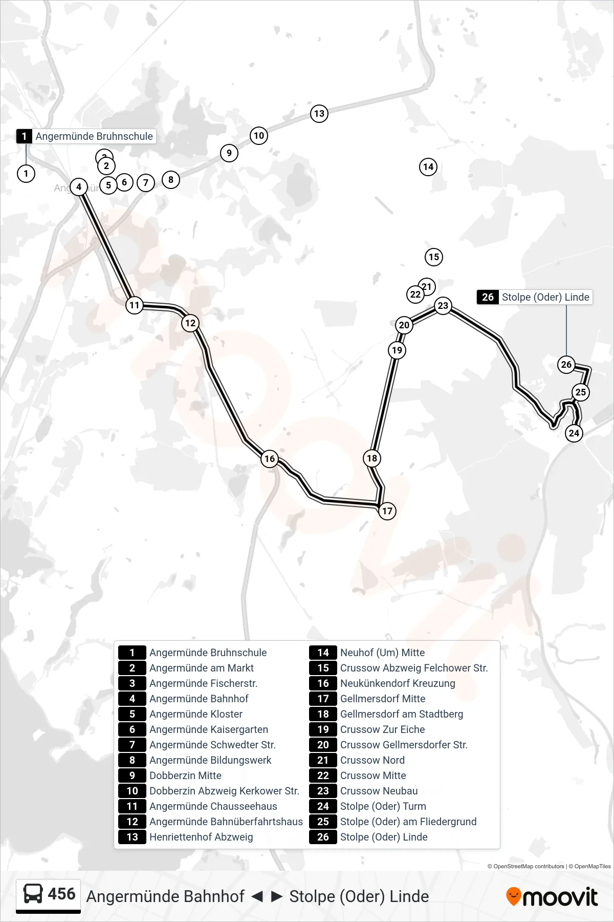 Linie 456 (Bus) Richtung Stolpe (Oder) Linde: Route und Haltestellen auf der Karte