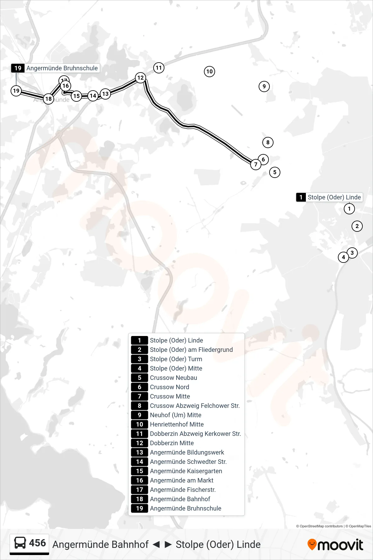 456 bus Line (Angermünde Bruhnschule) route and stops on a map