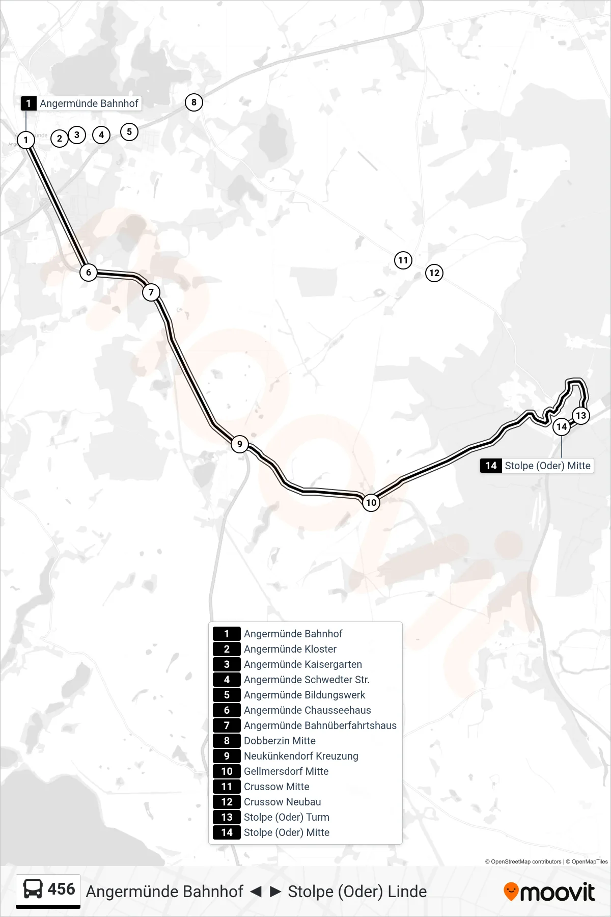 Linie 456 (Bus) Richtung Stolpe (Oder) Mitte: Route und Haltestellen auf der Karte