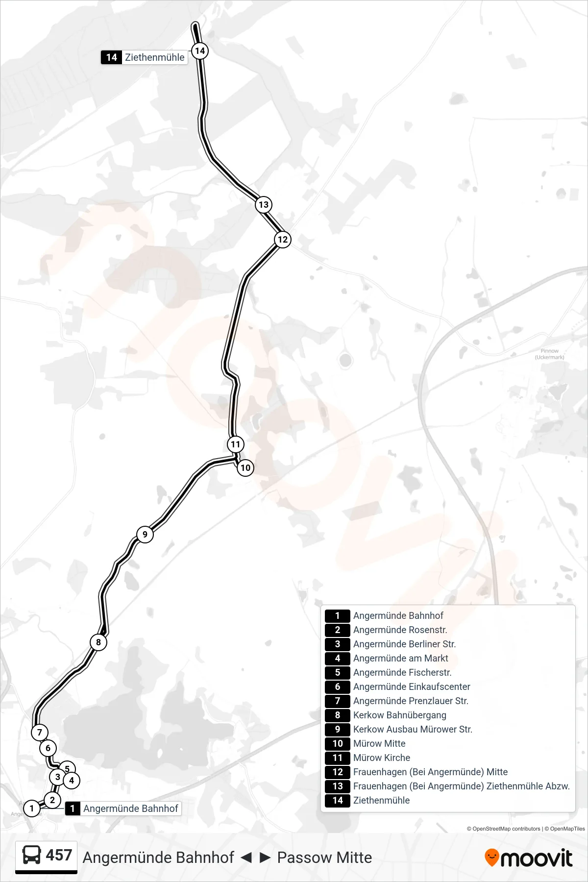 Linie 457 (Bus) Richtung Ziethenmühle: Route und Haltestellen auf der Karte