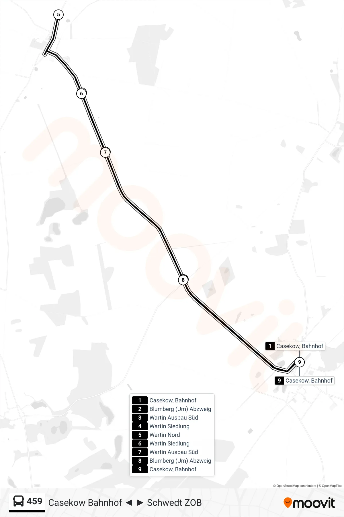 Linie 459 (Bus) Richtung Casekow Bahnhof: Route und Haltestellen auf der Karte