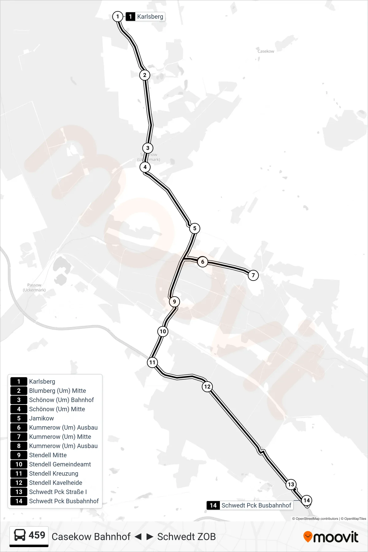 Linie 459 (Bus) Richtung Schwedt Pck Busbahnhof: Route und Haltestellen auf der Karte