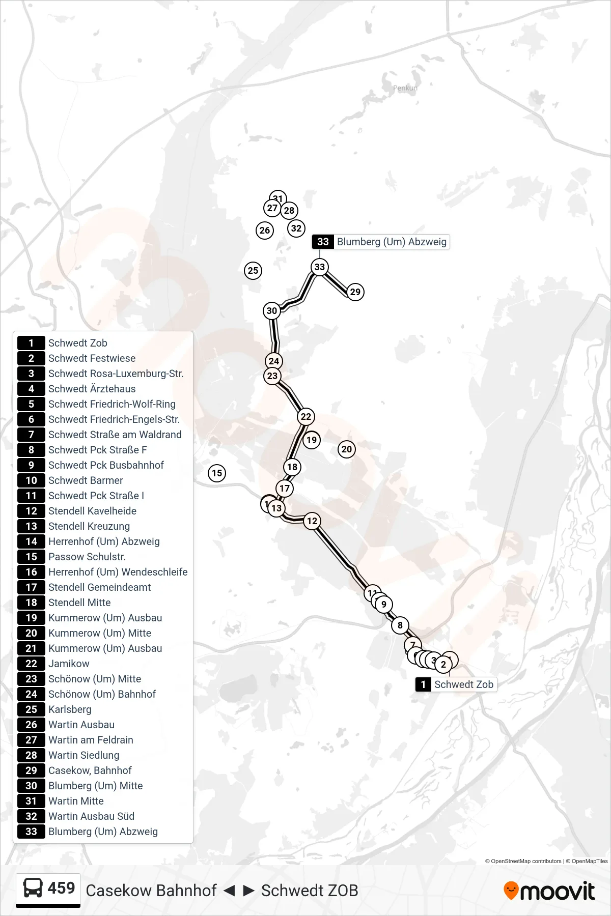 Linie 459 (Bus) Richtung Casekow Bahnhof: Route und Haltestellen auf der Karte