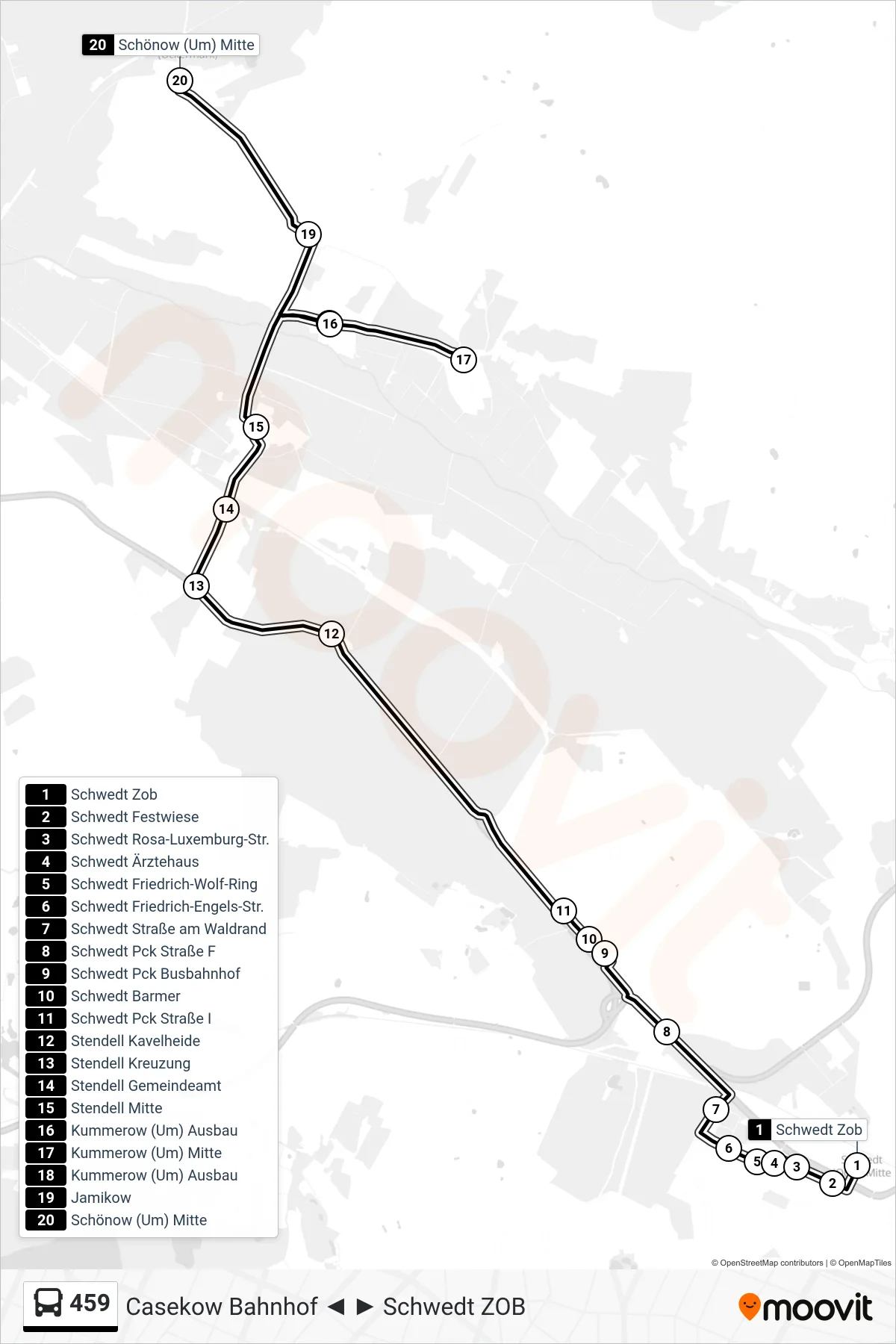 Linie 459 (Bus) Richtung Schönow (Um) Mitte: Route und Haltestellen auf der Karte