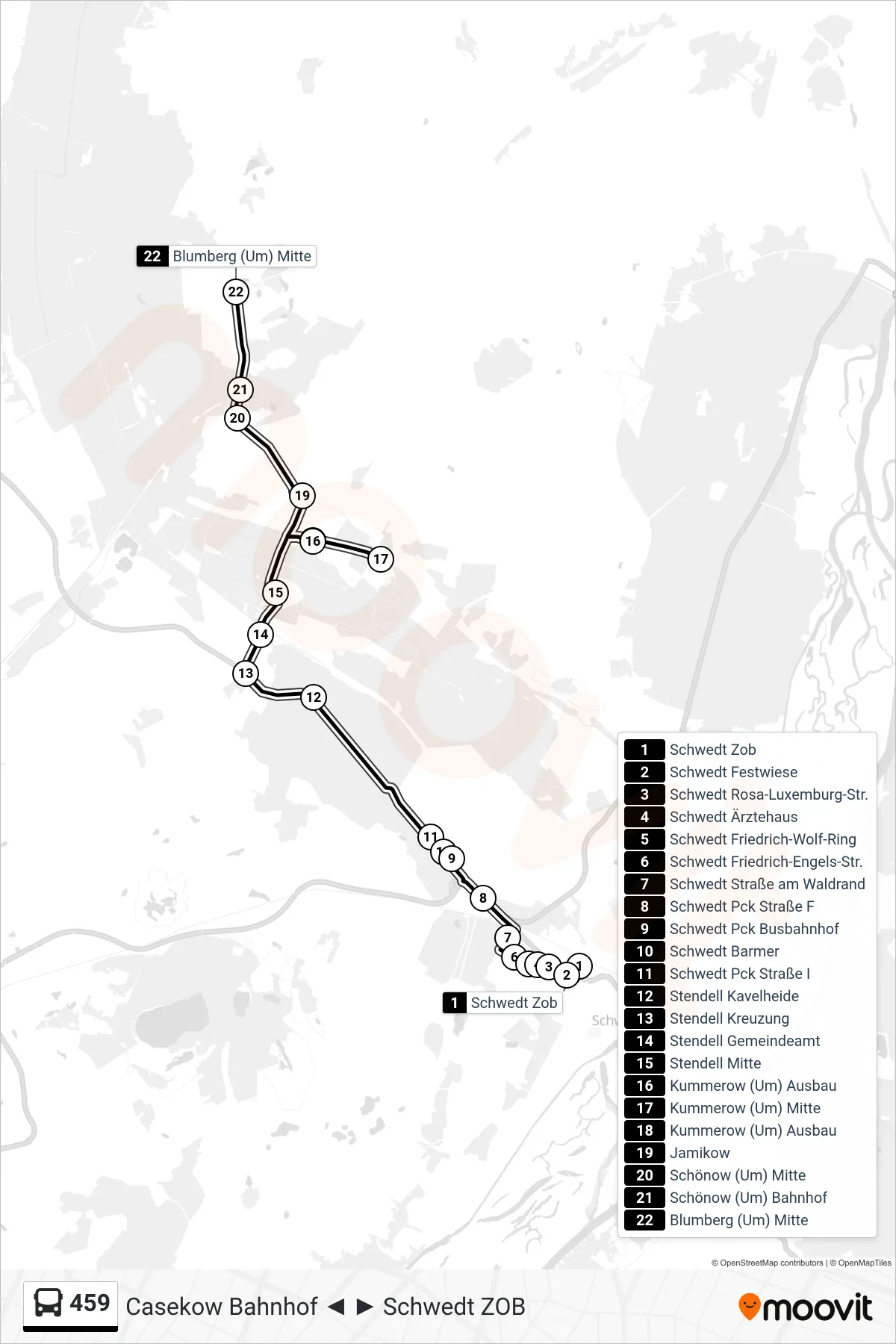 Linie 459 (Bus) Richtung Blumberg (Um) Mitte: Route und Haltestellen auf der Karte