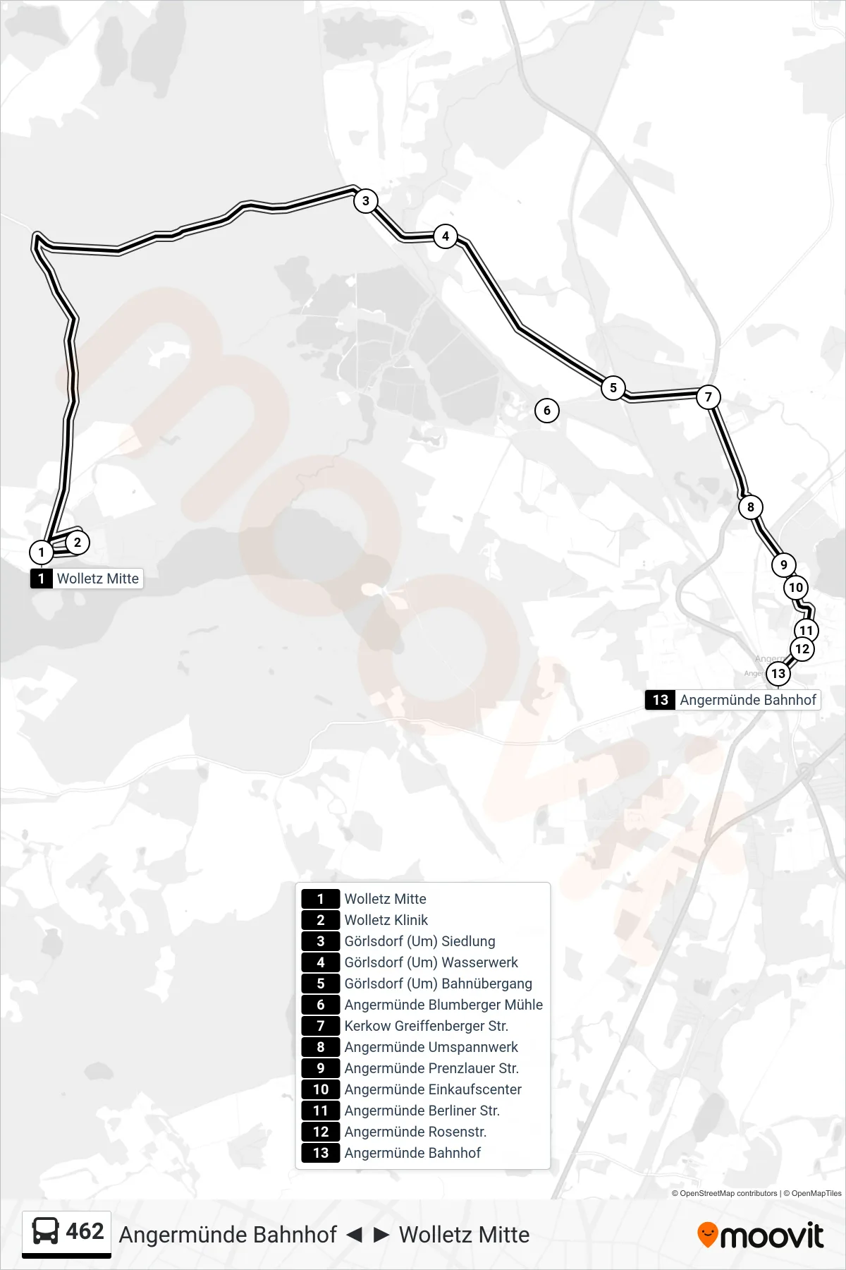 Linie 462 (Bus) Richtung Angermünde Bahnhof: Route und Haltestellen auf der Karte
