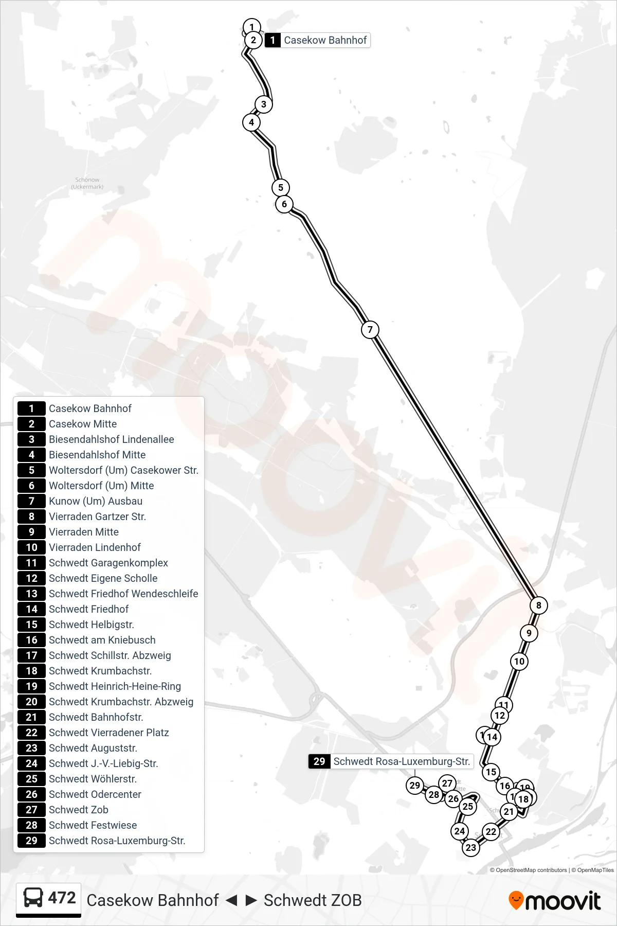 Linie 472 (Bus) Richtung Schwedt Rosa-Luxemburg-Str.: Route und Haltestellen auf der Karte