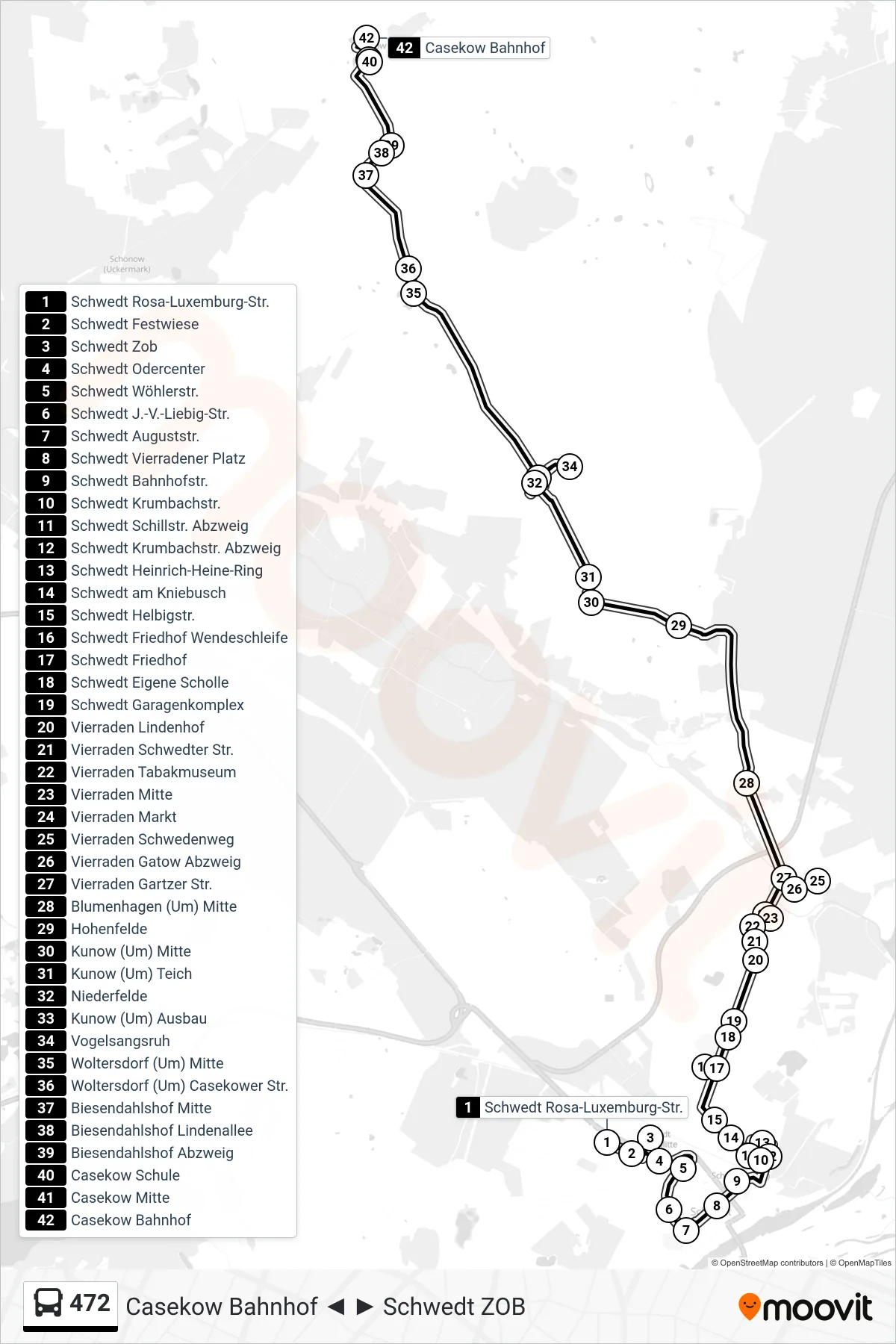472 bus Line (Casekow Bahnhof) route and stops on a map