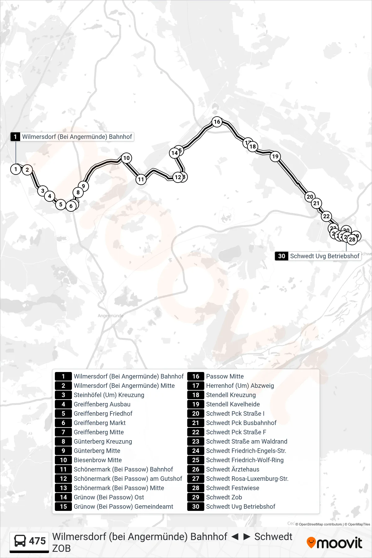 475 bus Line (Schwedt Uvg Betriebshof) route and stops on a map