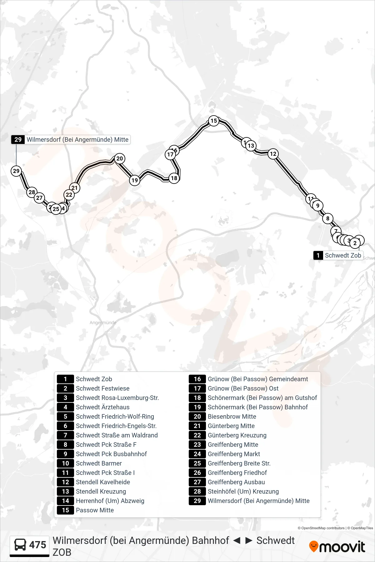 475 bus Line (Wilmersdorf (Bei Angermünde) Mitte) route and stops on a map