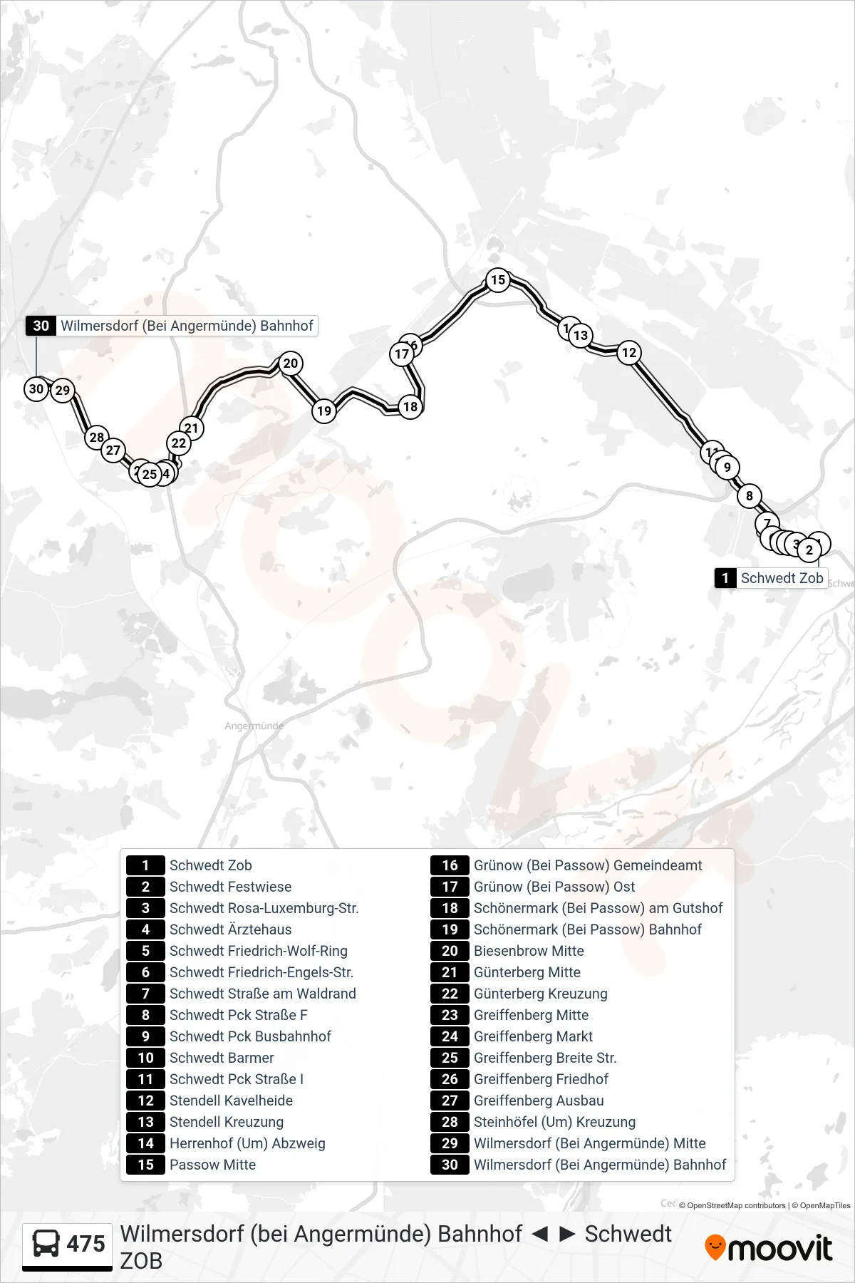 Linie 475 (Bus) Richtung Wilmersdorf (Bei Angermünde) Bahnhof: Route und Haltestellen auf der Karte