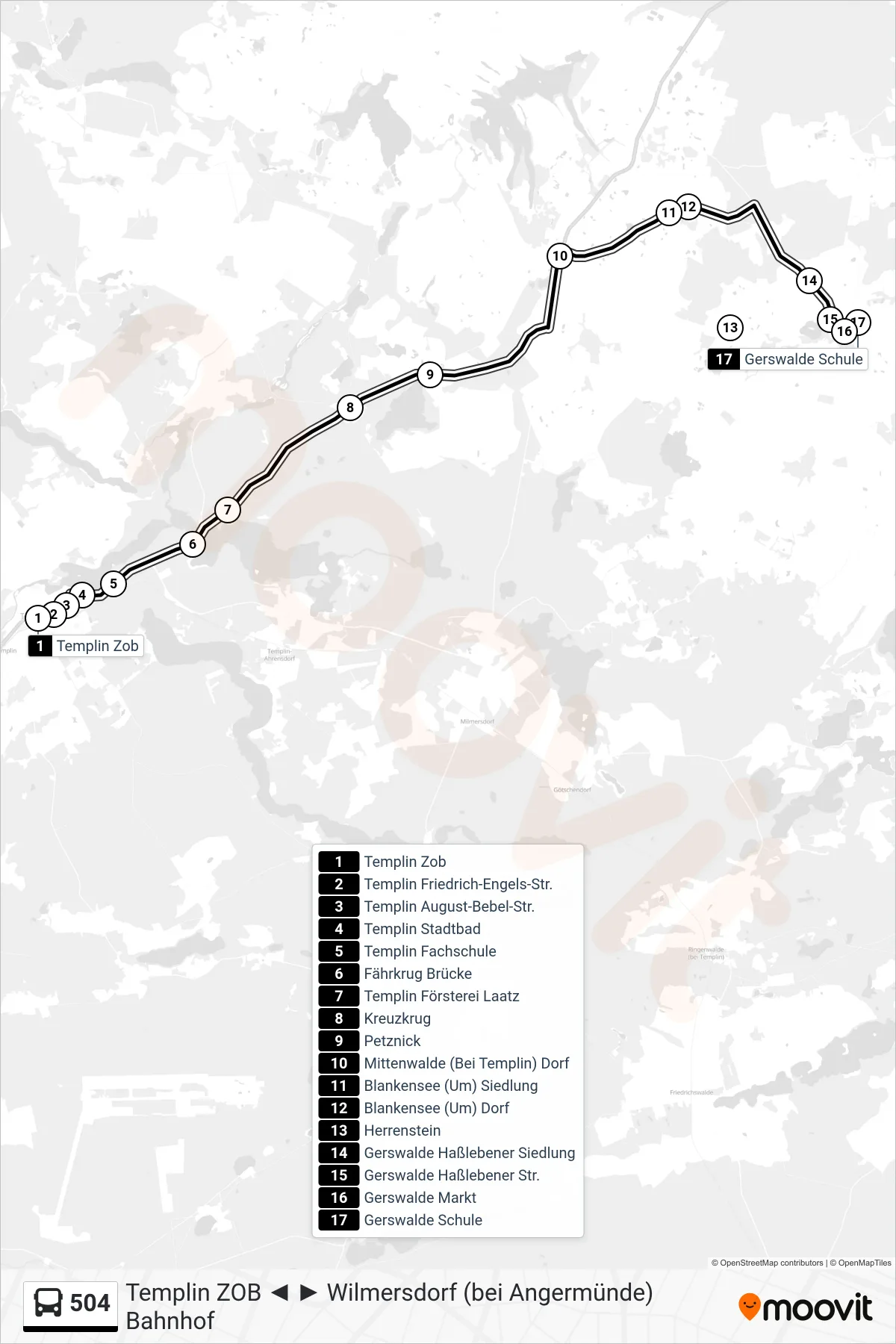 Linie 504 (Bus) Richtung Gerswalde Schule: Route und Haltestellen auf der Karte