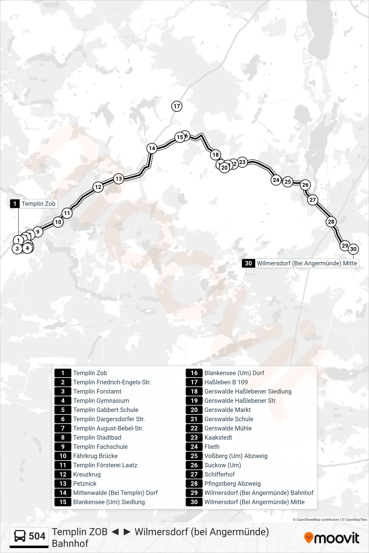 Linie 504 (Bus) Richtung Wilmersdorf (Bei Angermünde) Mitte: Route und Haltestellen auf der Karte