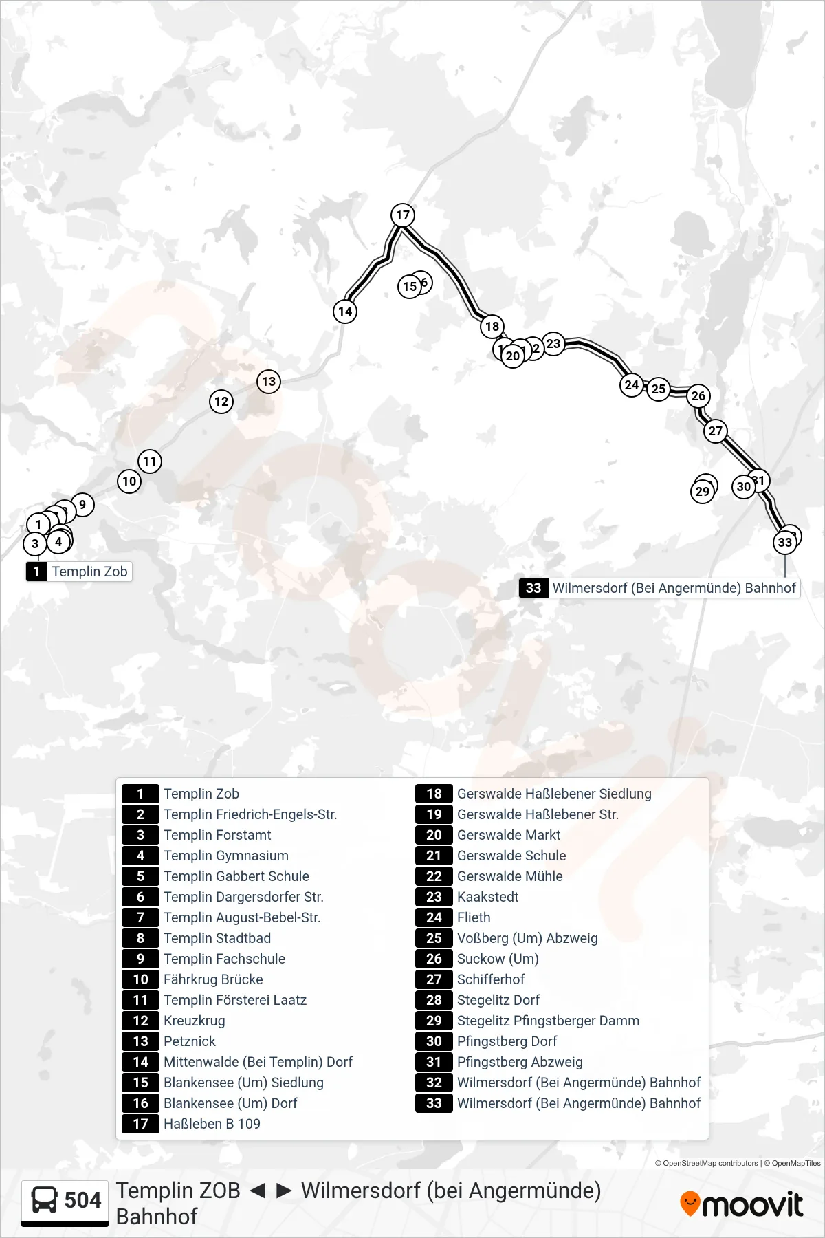 Linie 504 (Bus) Richtung Wilmersdorf (Bei Angermünde) Bahnhof: Route und Haltestellen auf der Karte