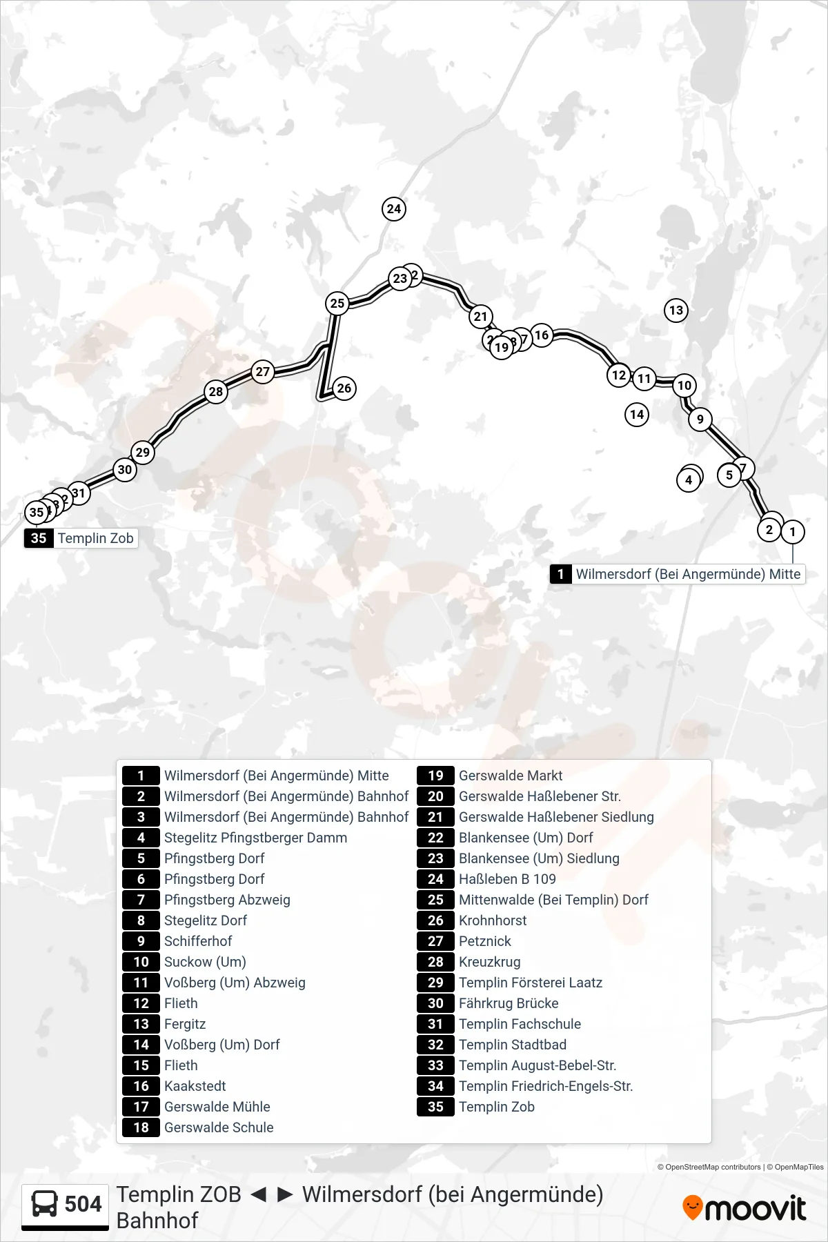 Linie 504 (Bus) Richtung Templin Zob: Route und Haltestellen auf der Karte