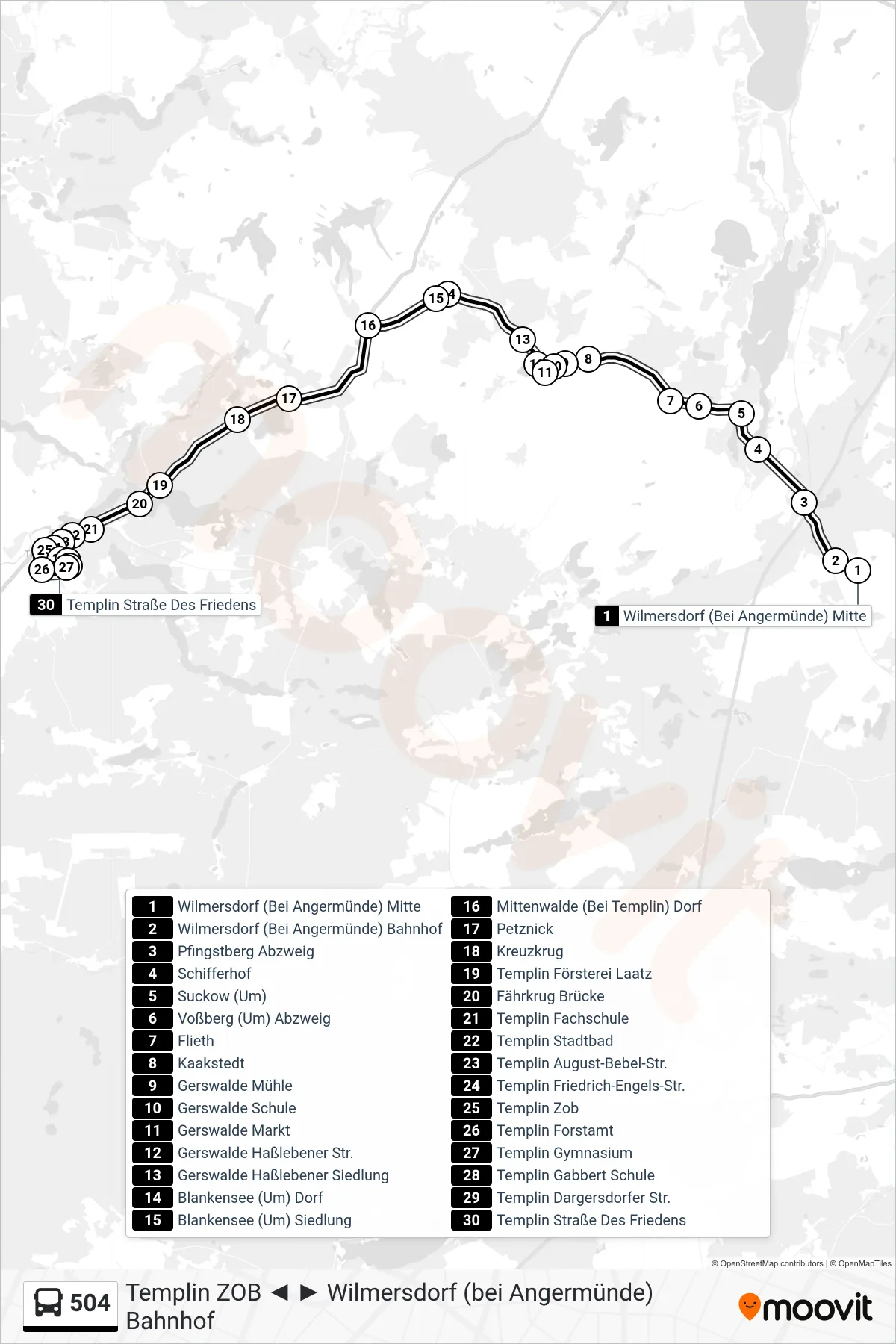 Linie 504 (Bus) Richtung Templin Straße Des Friedens: Route und Haltestellen auf der Karte