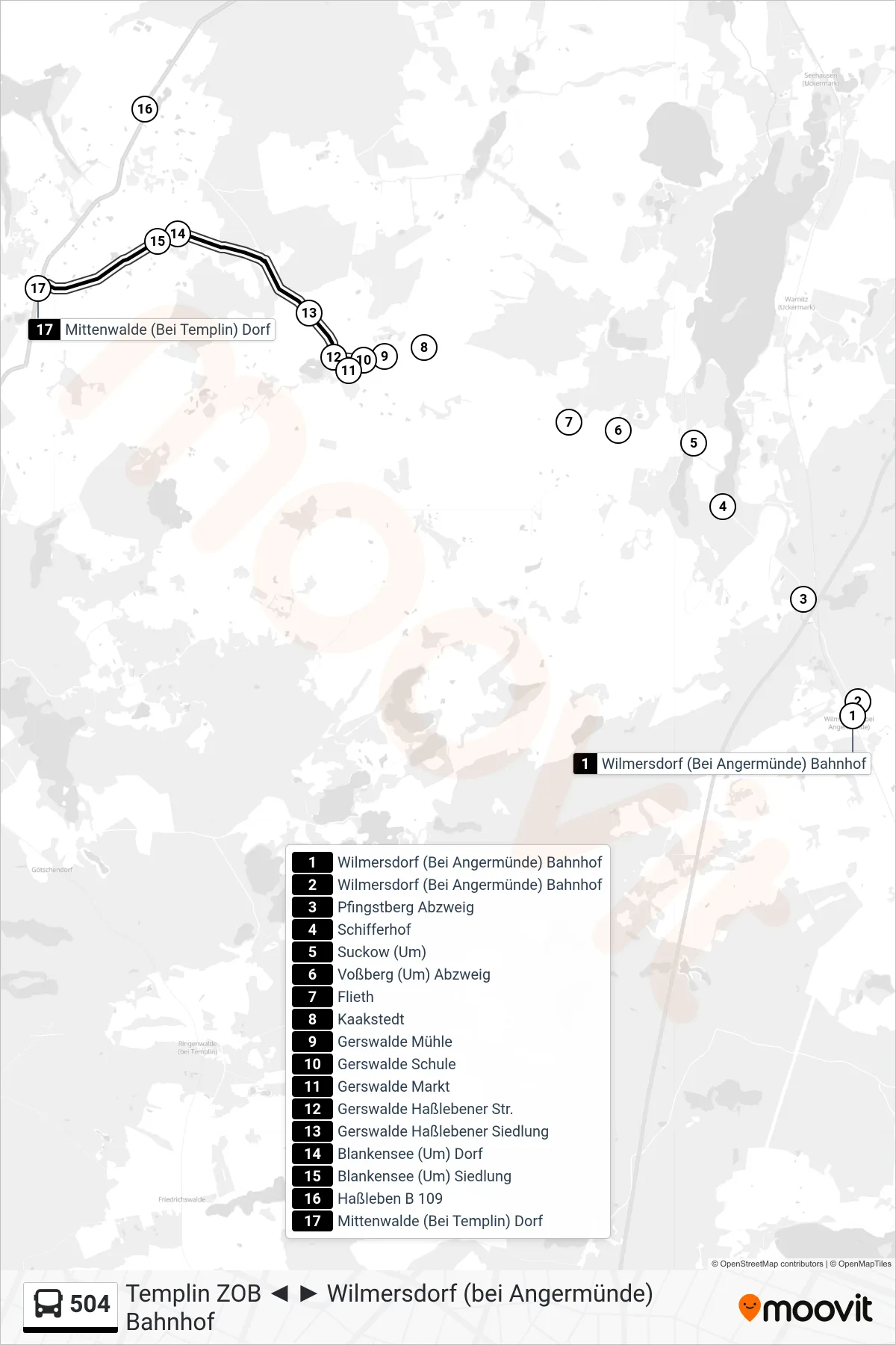 504 bus Line (Mittenwalde (Bei Templin) Dorf) route and stops on a map