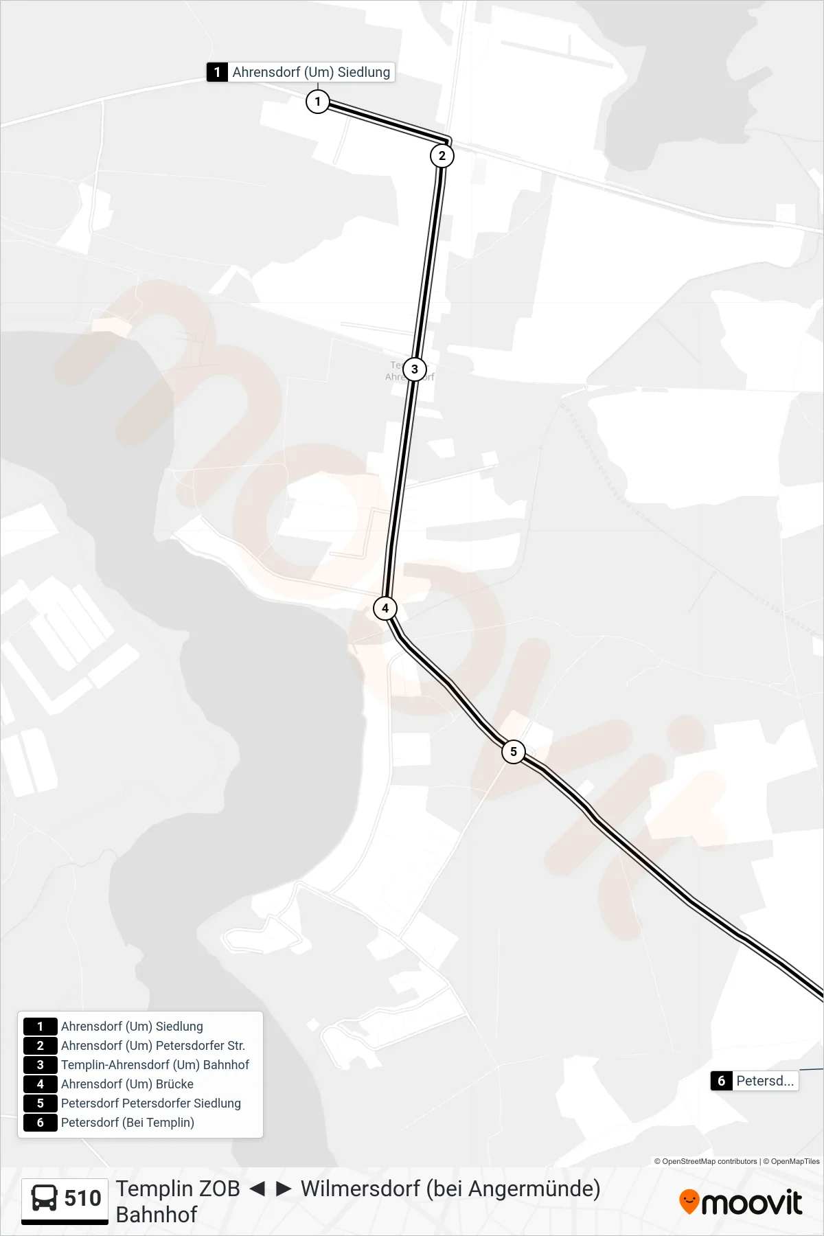510 bus Line (Petersdorf (Bei Templin)) route and stops on a map