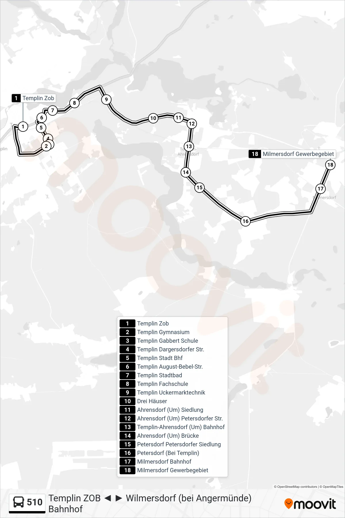 Linie 510 (Bus) Richtung Milmersdorf Gewerbegebiet: Route und Haltestellen auf der Karte