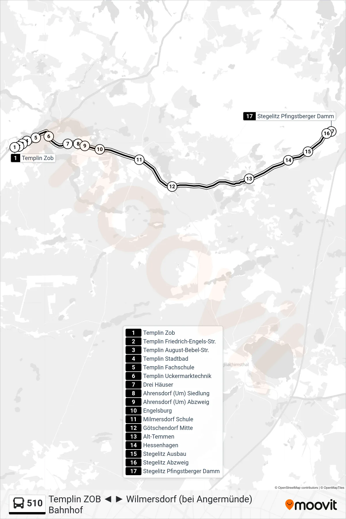Linie 510 (Bus) Richtung Stegelitz Pfingstberger Damm: Route und Haltestellen auf der Karte