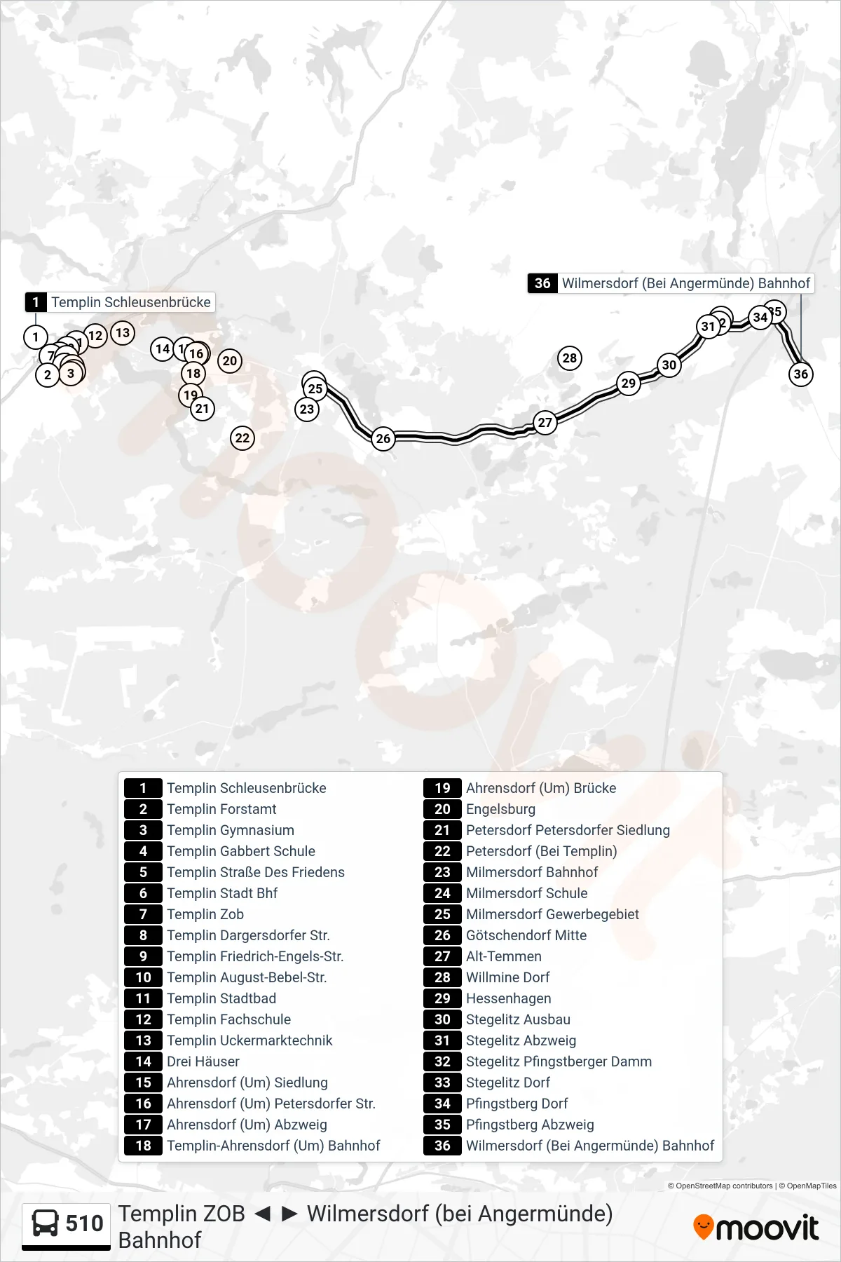 Linie 510 (Bus) Richtung Wilmersdorf (Bei Angermünde) Bahnhof: Route und Haltestellen auf der Karte