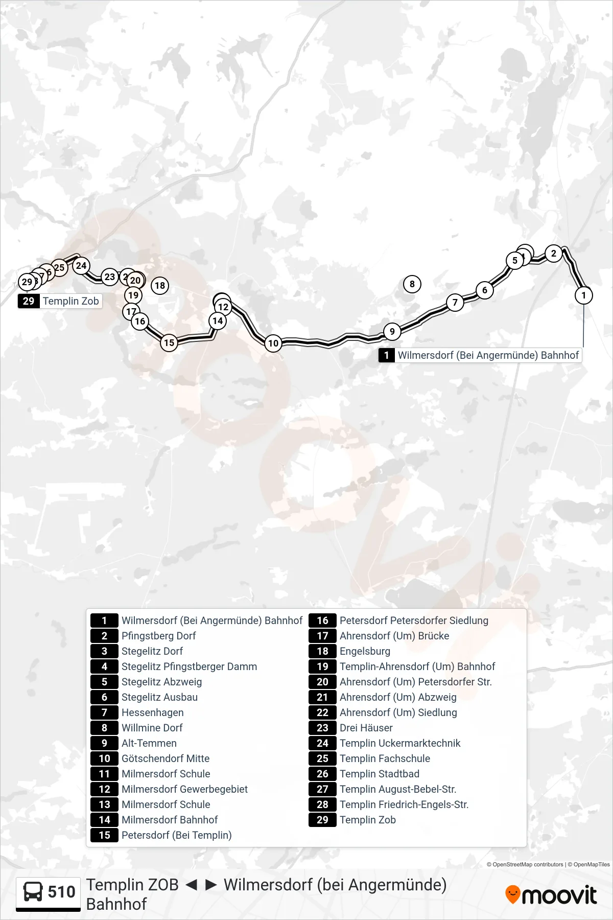 Linie 510 (Bus) Richtung Templin Zob: Route und Haltestellen auf der Karte