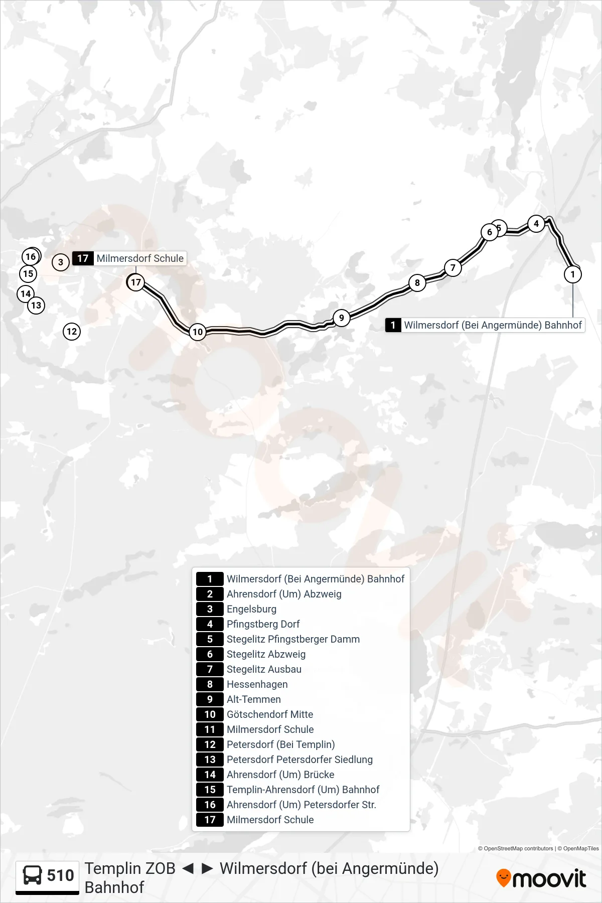 Linie 510 (Bus) Richtung Milmersdorf Schule: Route und Haltestellen auf der Karte