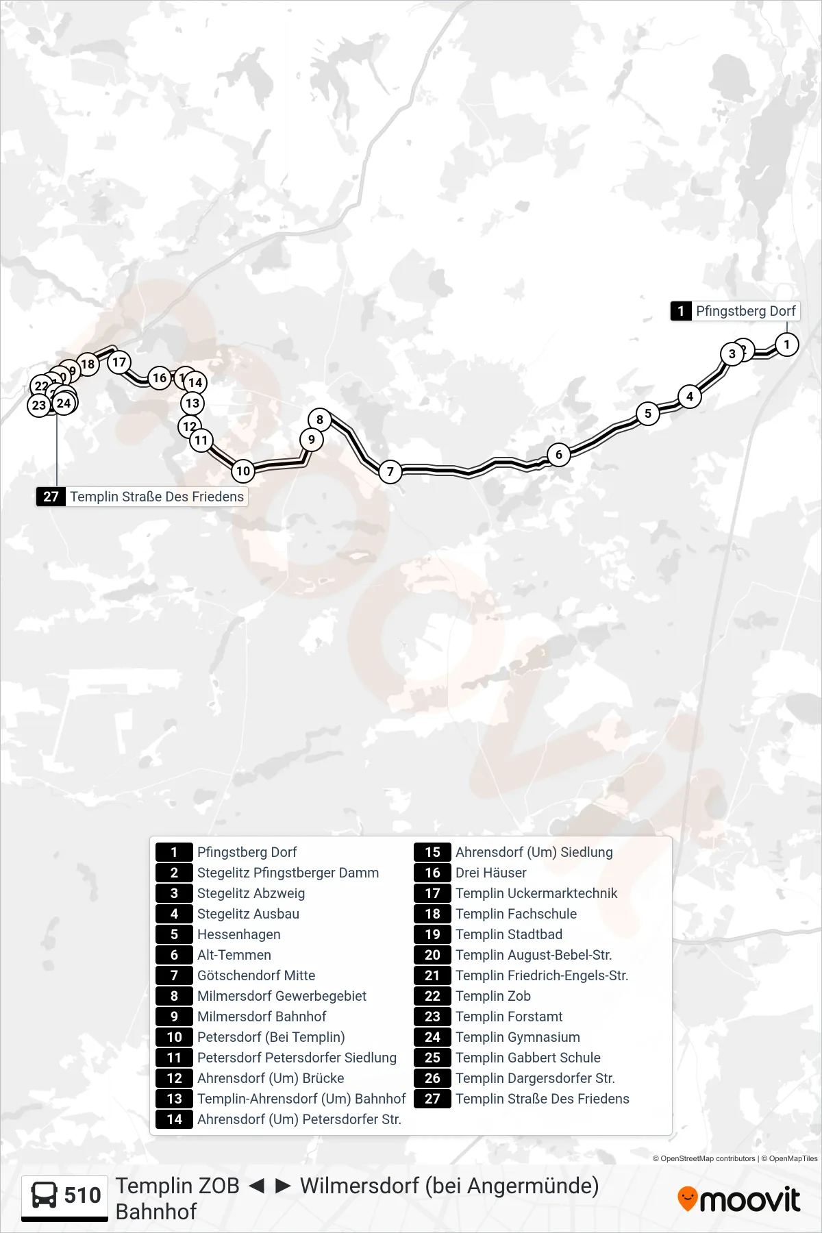Linie 510 (Bus) Richtung Templin Straße Des Friedens: Route und Haltestellen auf der Karte