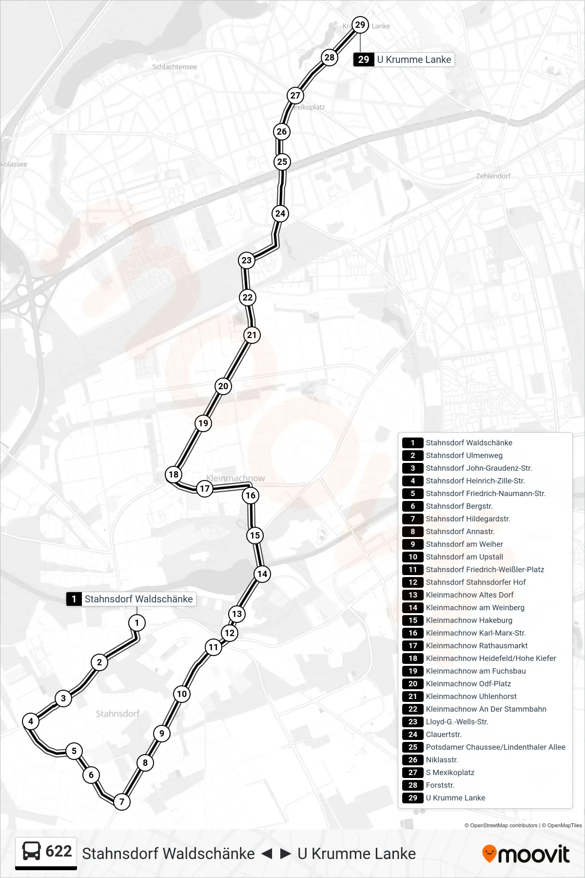 Linie 622 (Bus) Richtung U Krumme Lanke: Route und Haltestellen auf der Karte