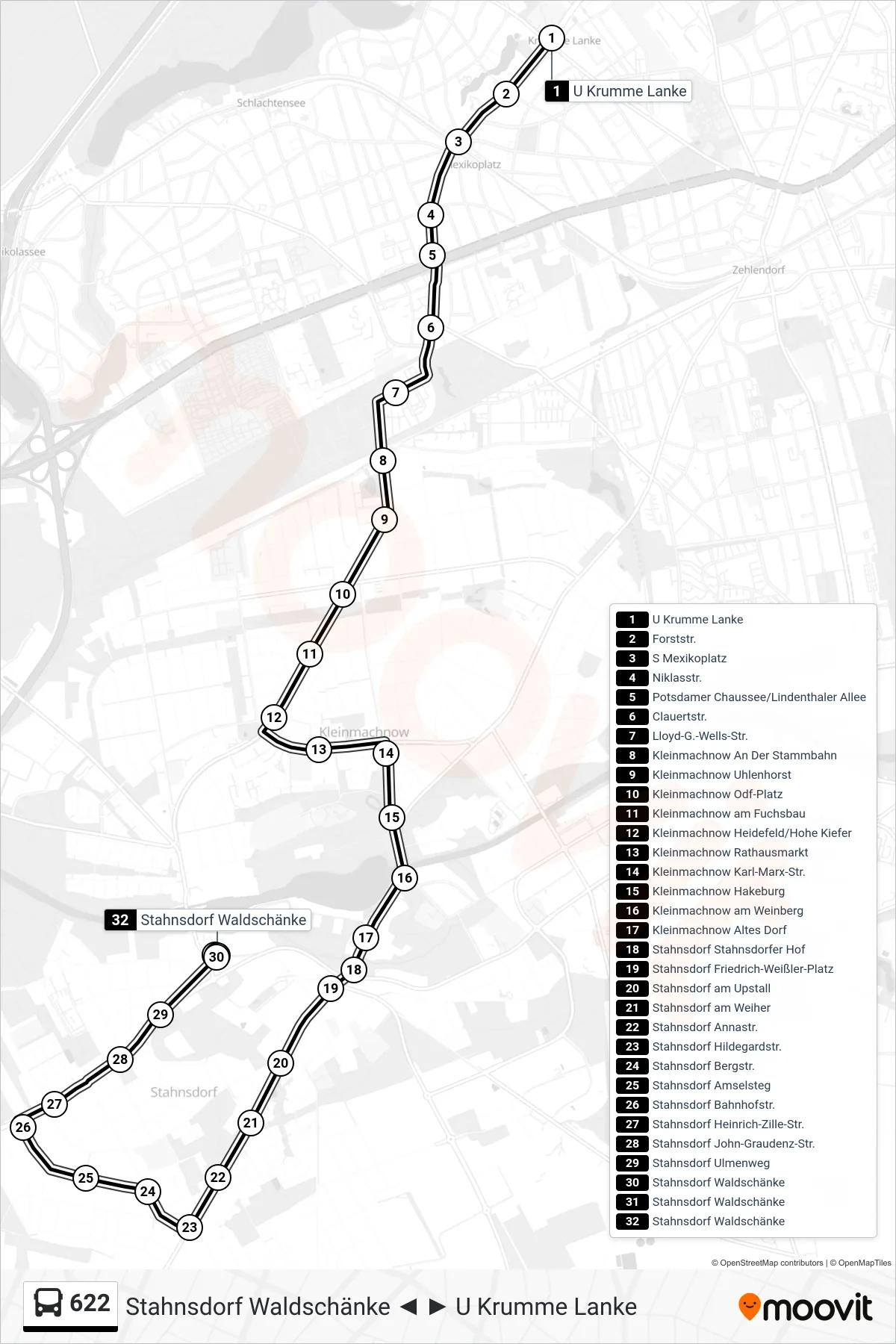 Linie 622 (Bus) Richtung Stahnsdorf Waldschänke: Route und Haltestellen auf der Karte