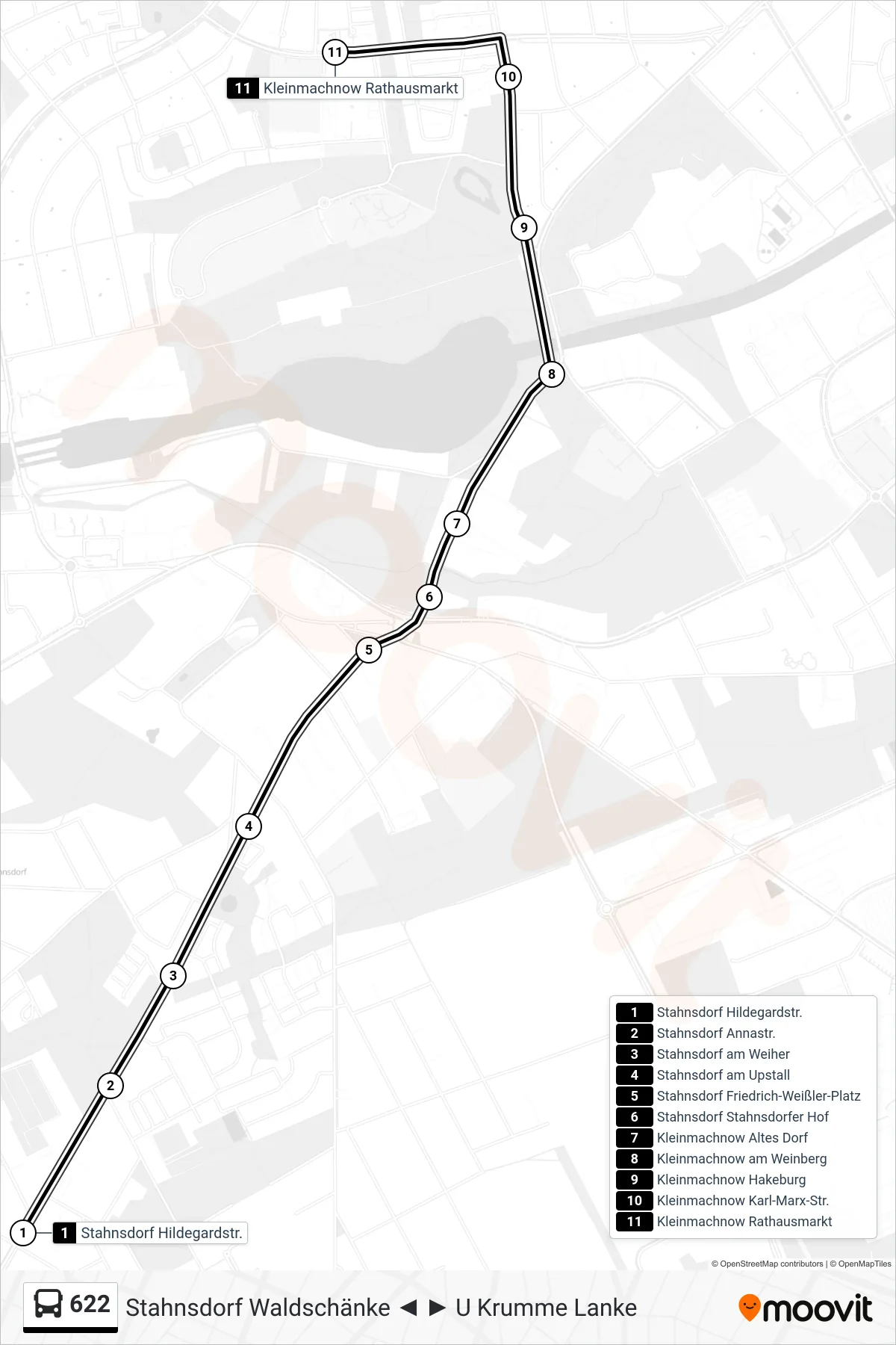 Linie 622 (Bus) Richtung Kleinmachnow Rathausmarkt: Route und Haltestellen auf der Karte
