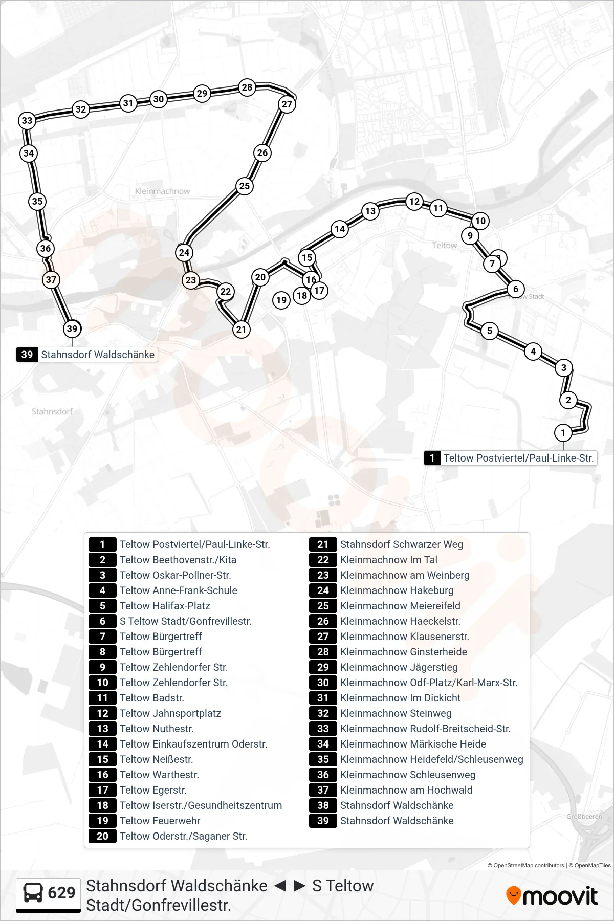 Linie 629 (Bus) Richtung Stahnsdorf Waldschänke: Route und Haltestellen auf der Karte