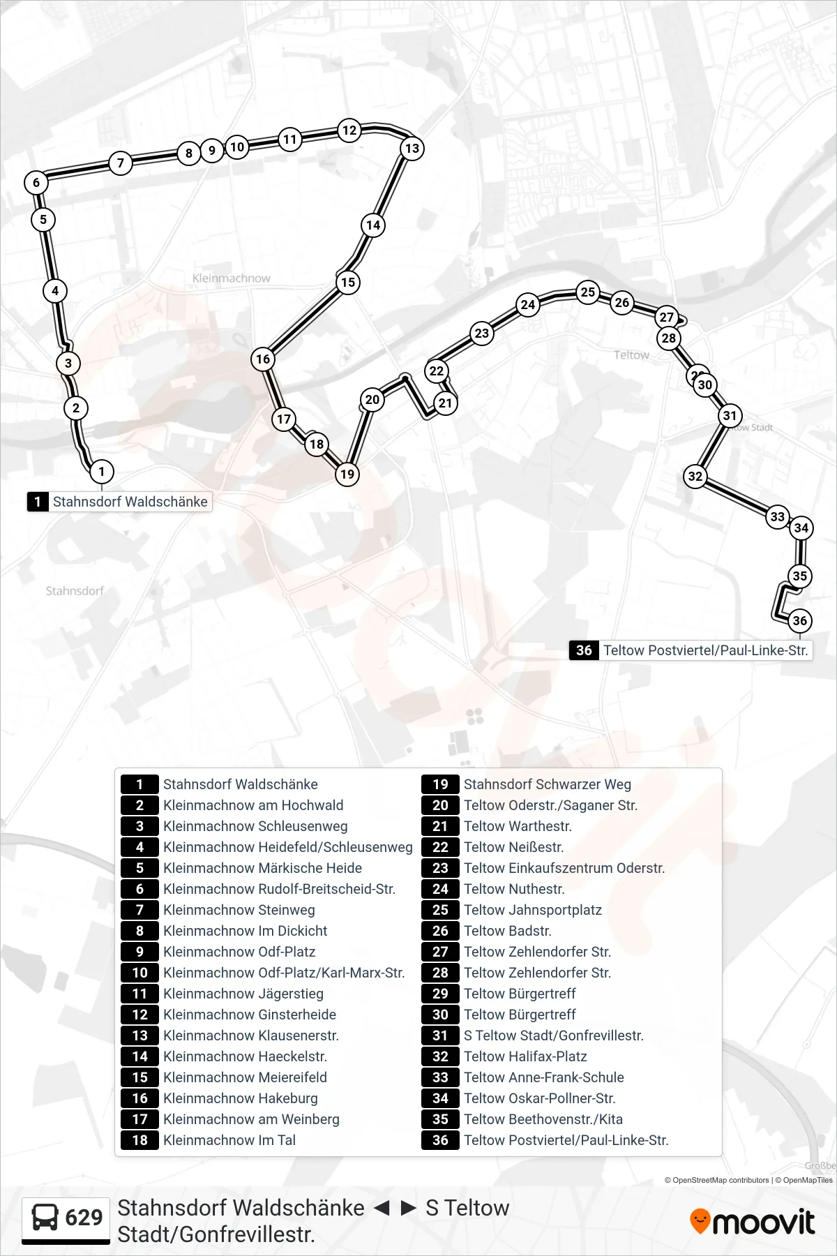 629 bus Line (Teltow Postviertel/Paul-Linke-Str.) route and stops on a map