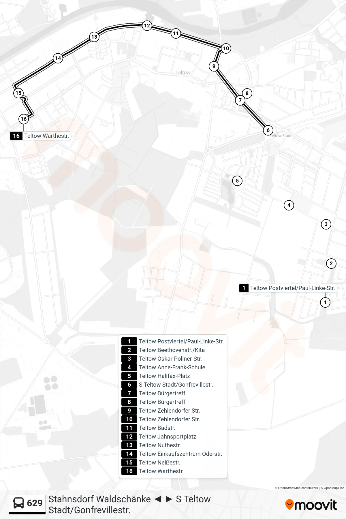 629 bus Line (Teltow Warthestr.) route and stops on a map