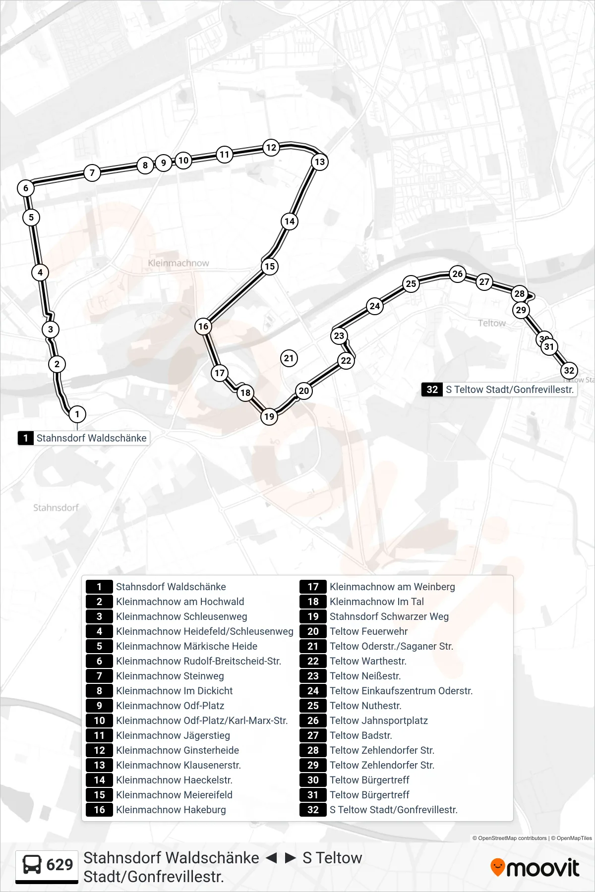 629 bus Line (S Teltow Stadt/Gonfrevillestr.) route and stops on a map