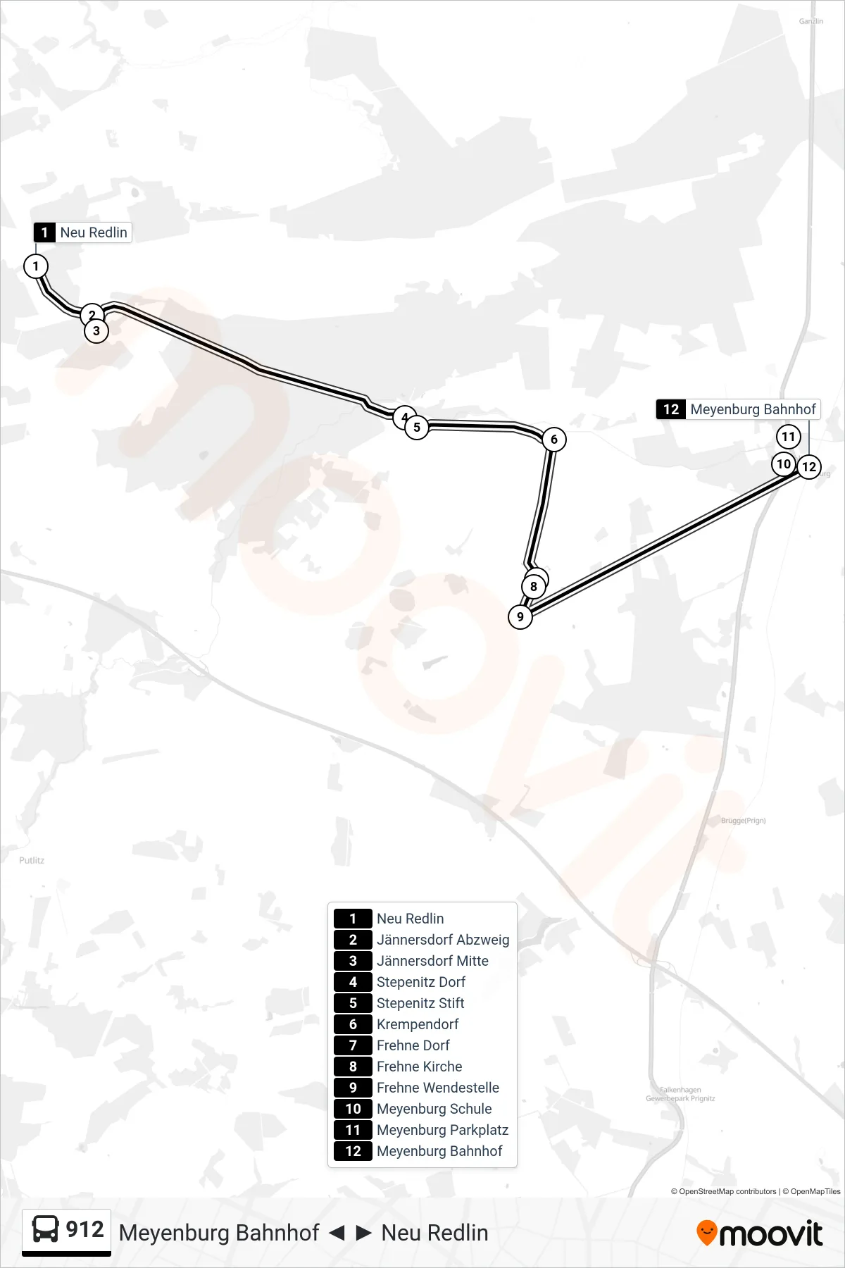 Linie 912 (Bus) Richtung Meyenburg Bahnhof: Route und Haltestellen auf der Karte