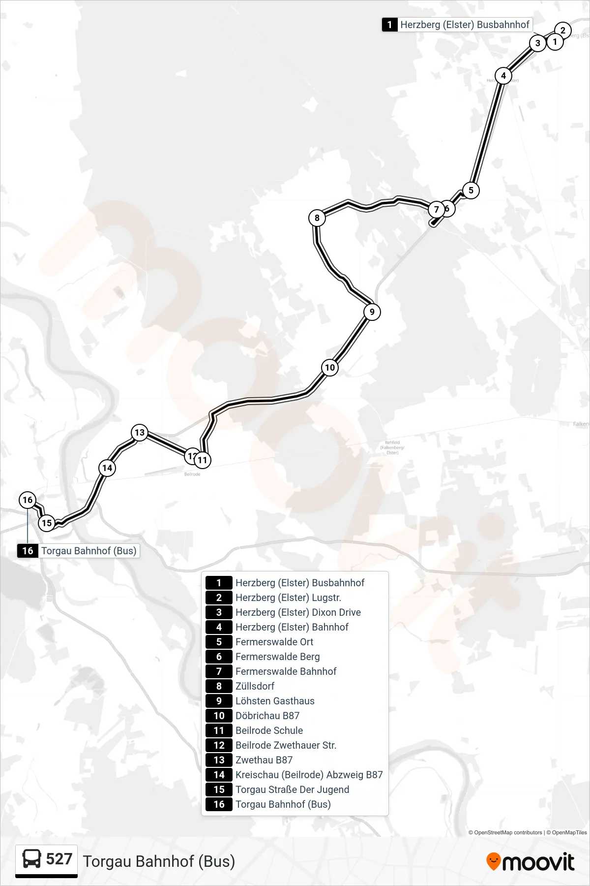 Linie 527 (Bus) Richtung Torgau Bahnhof (Bus): Route und Haltestellen auf der Karte