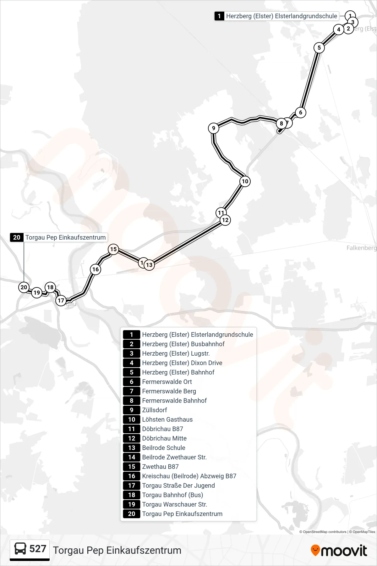 Linie 527 (Bus) Richtung Torgau Pep Einkaufszentrum: Route und Haltestellen auf der Karte