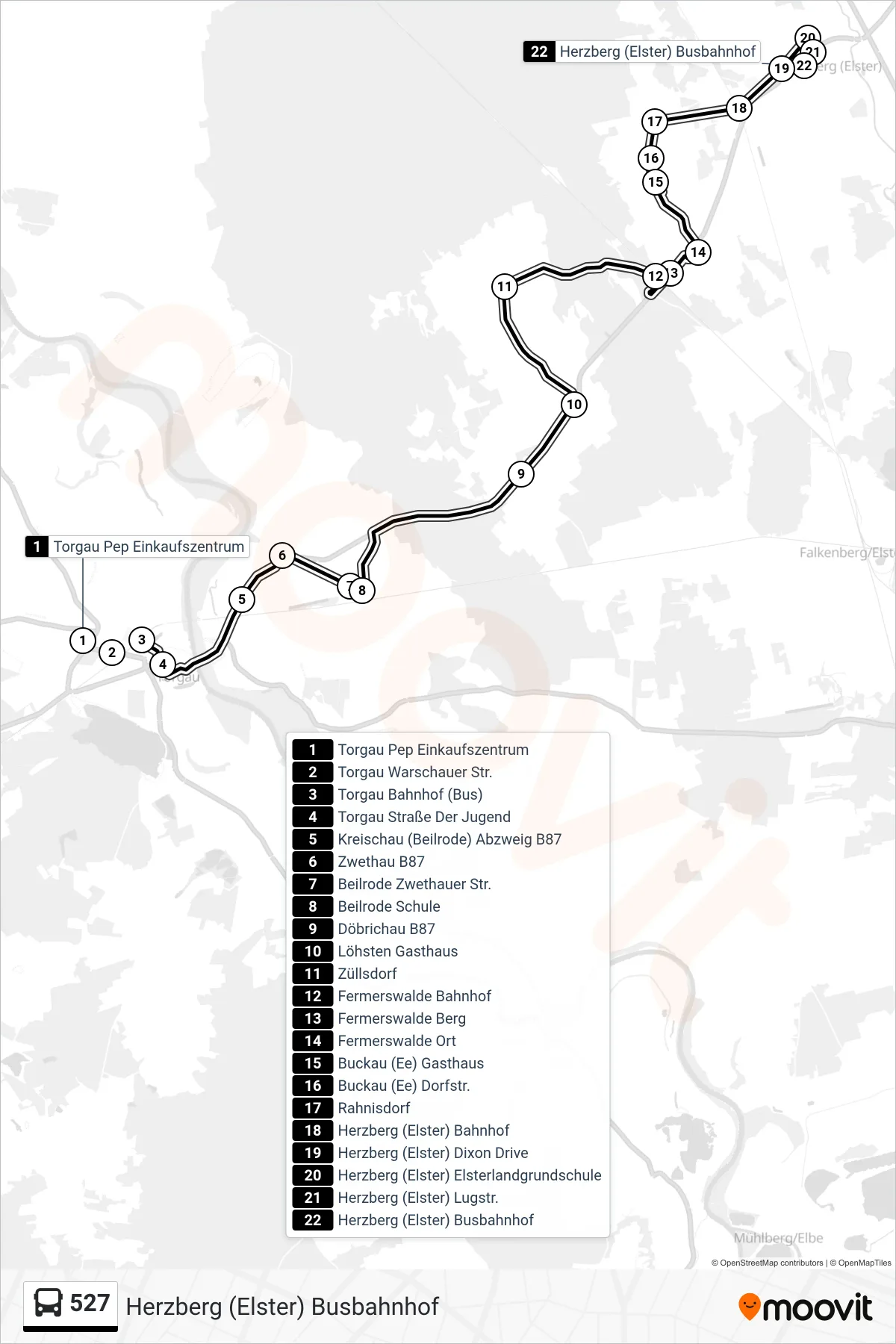Linie 527 (Bus) Richtung Herzberg (Elster) Busbahnhof: Route und Haltestellen auf der Karte