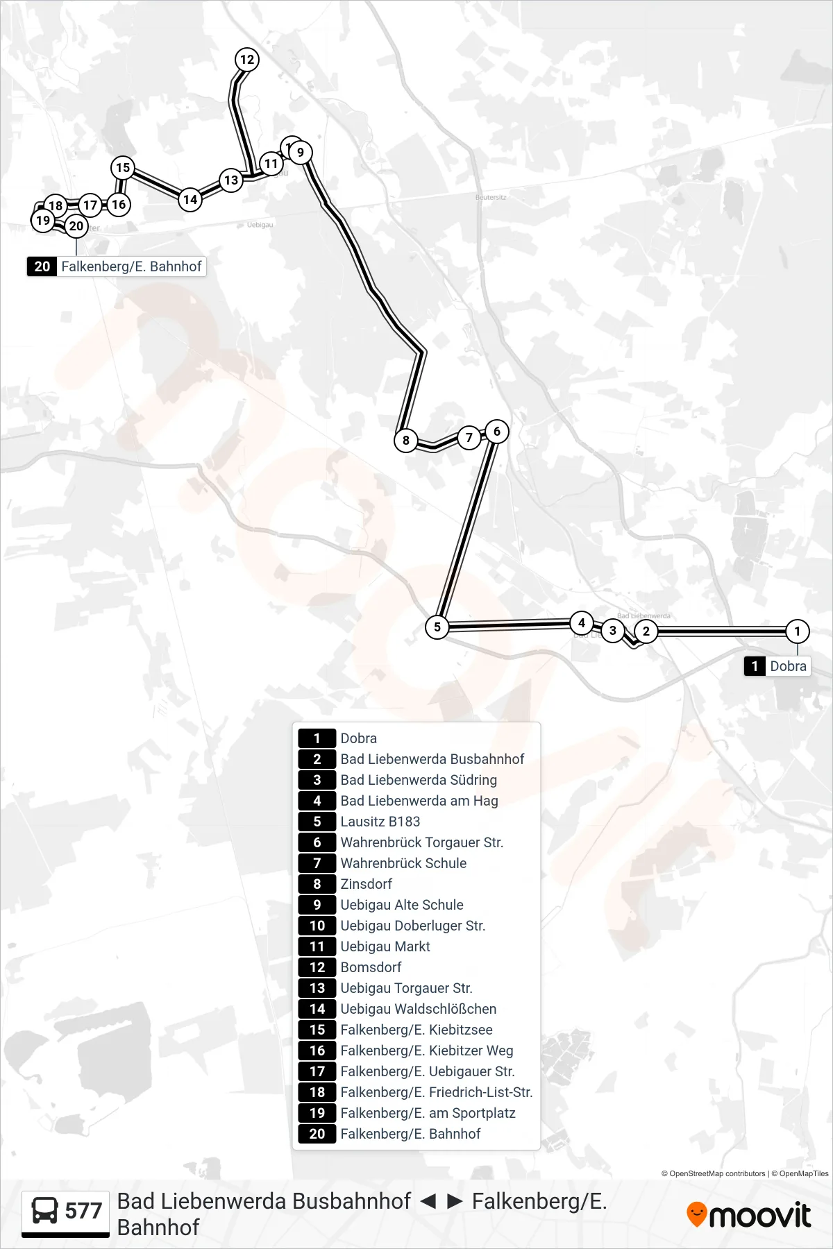 Linie 577 (Bus) Richtung Falkenberg/E. Bahnhof: Route und Haltestellen auf der Karte